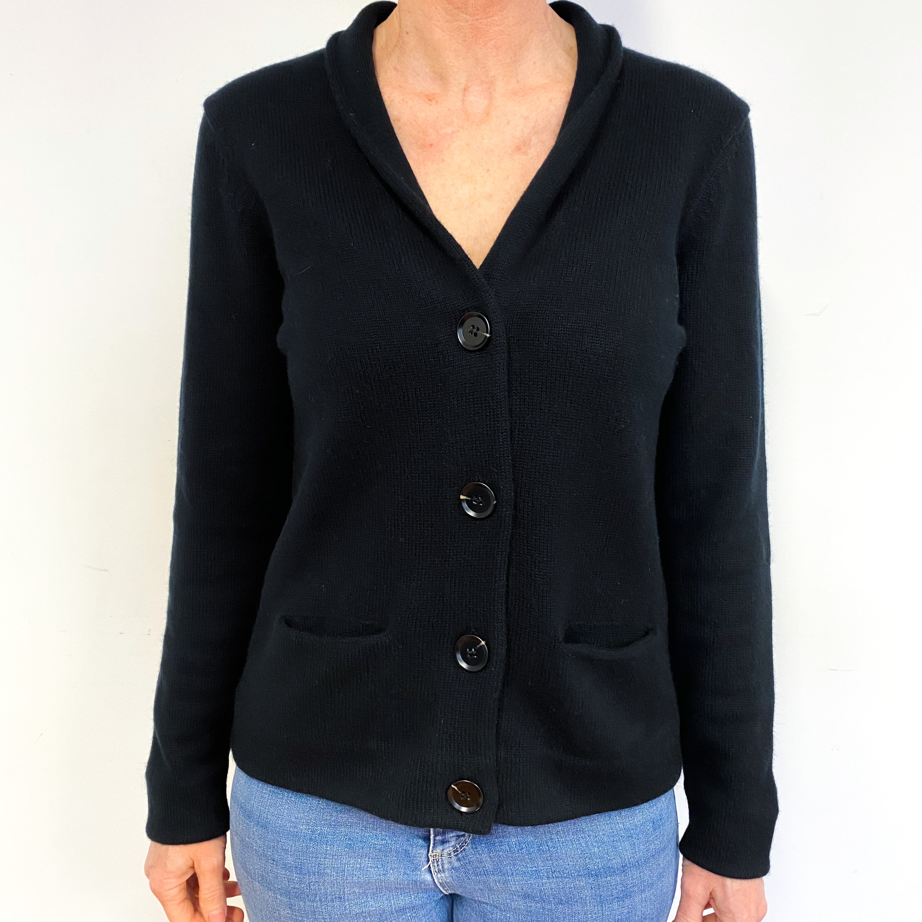 Black Cashmere Collared V-Neck Jacket with Pockets Medium