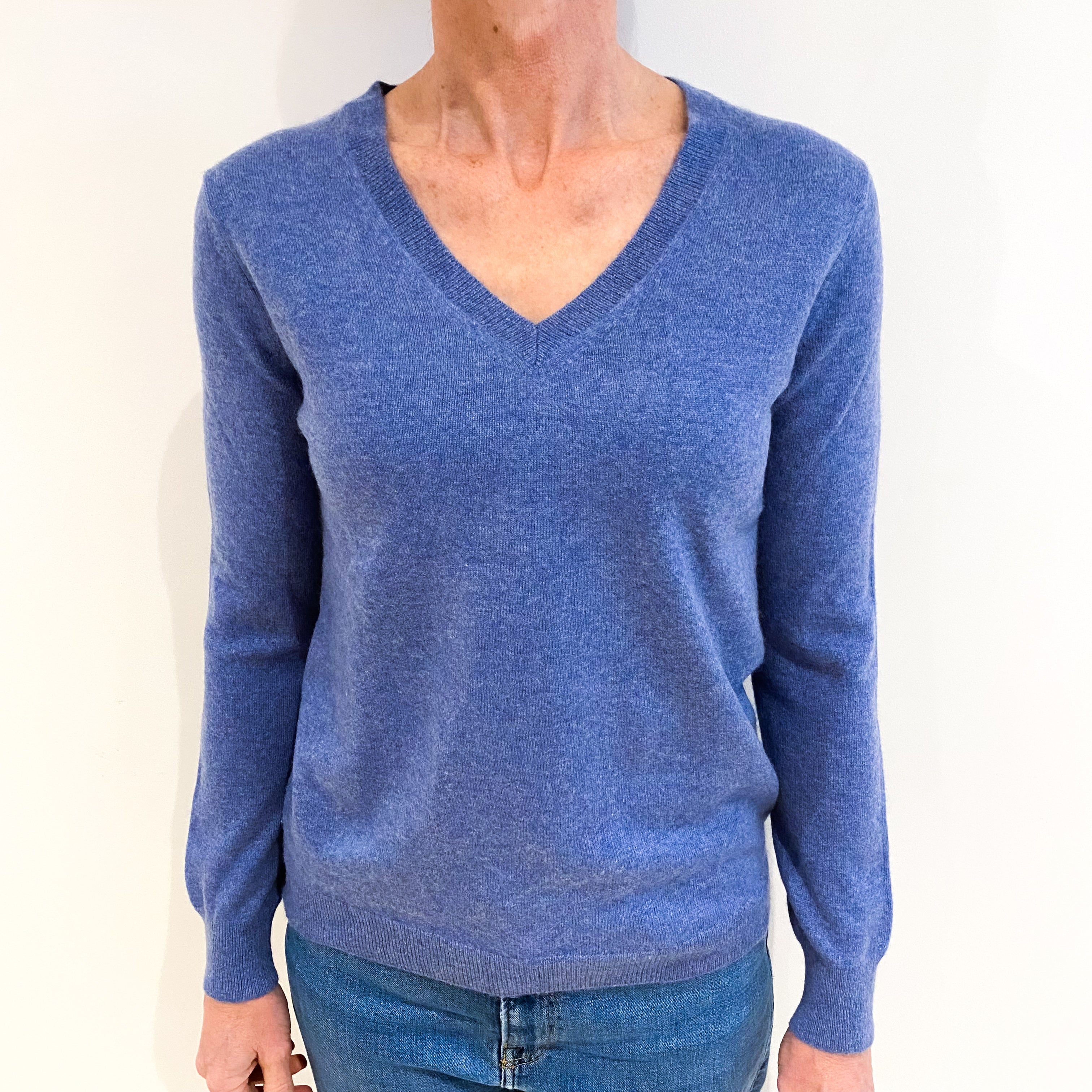 Denim Blue Cashmere V Neck Jumper Small