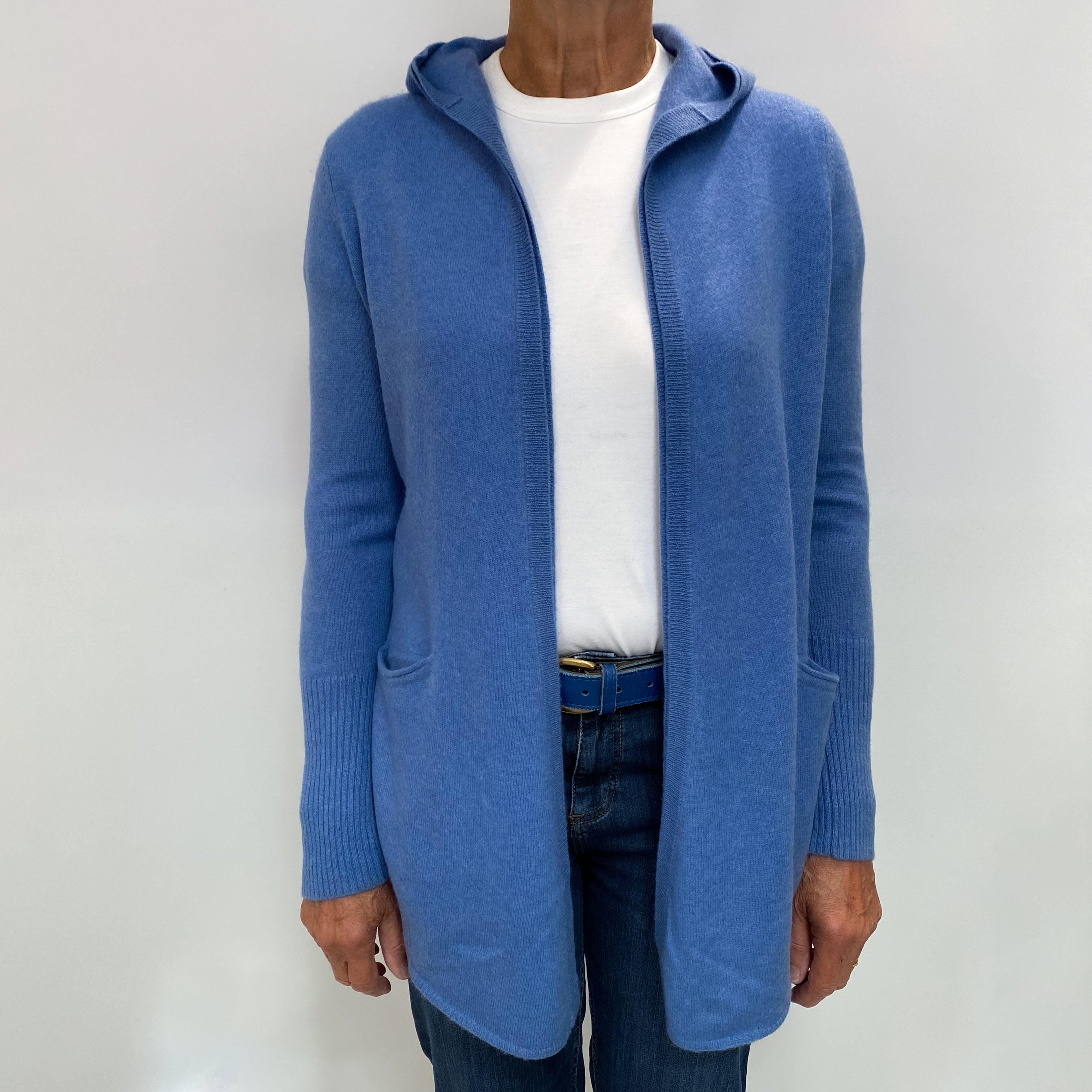 Denim Blue Cashmere Edge To Edge Hooded Cardigan Medium