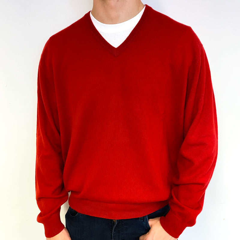 Men's Post Box Red Cashmere V-Neck Jumper Extra Extra Large