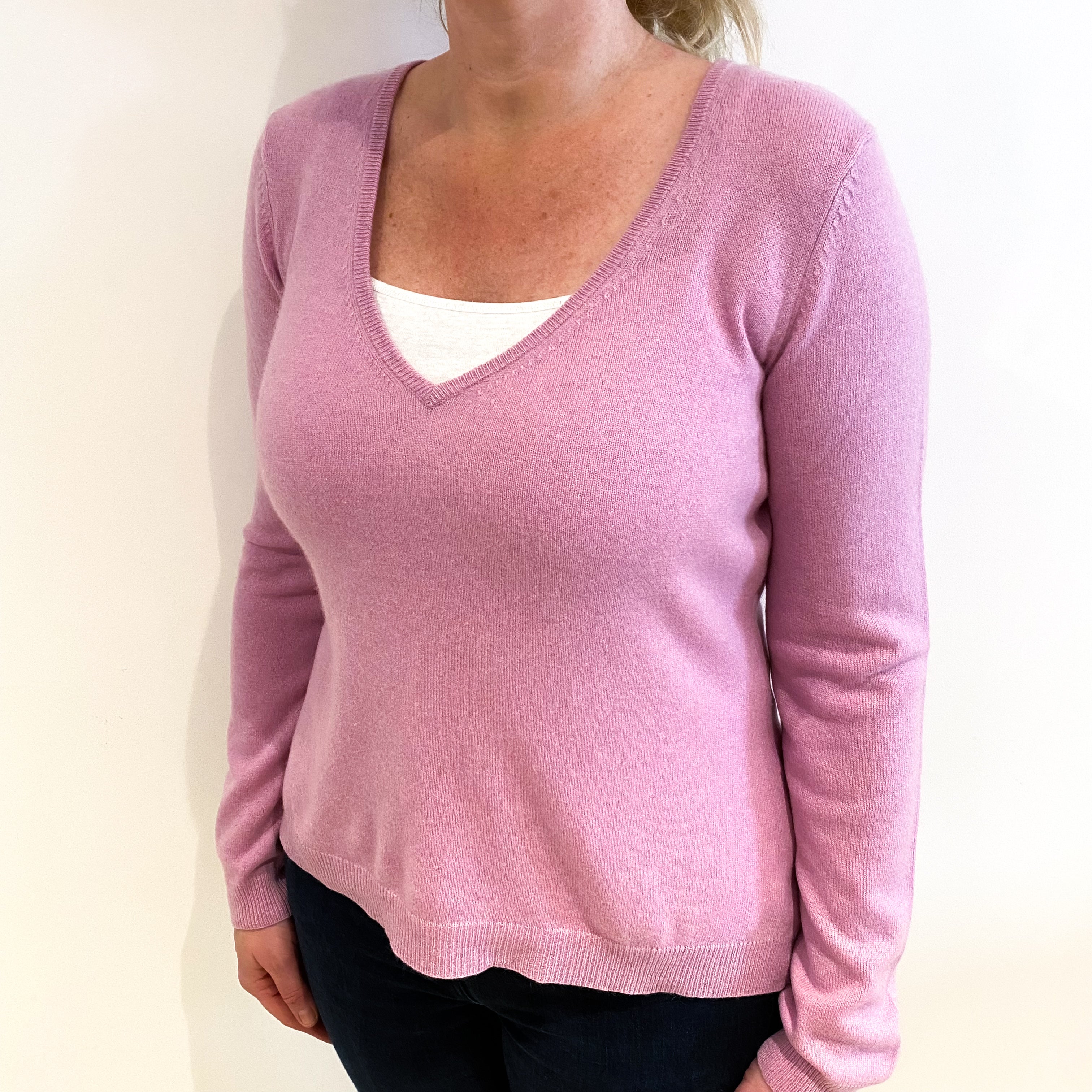 Mauve Pink Cashmere V Neck Jumper Large
