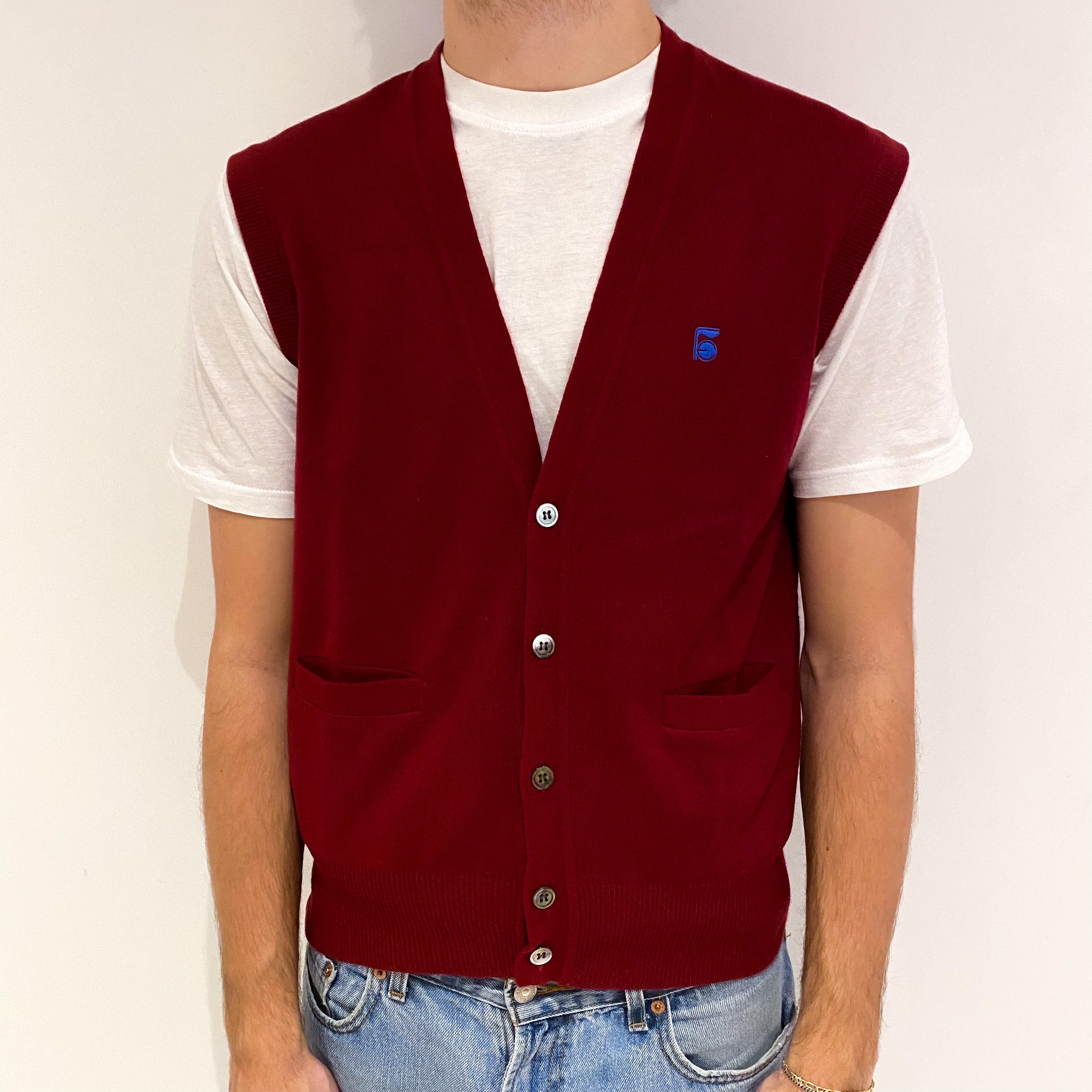 Men's Burgundy Red Cashmere V Neck Jumper Medium