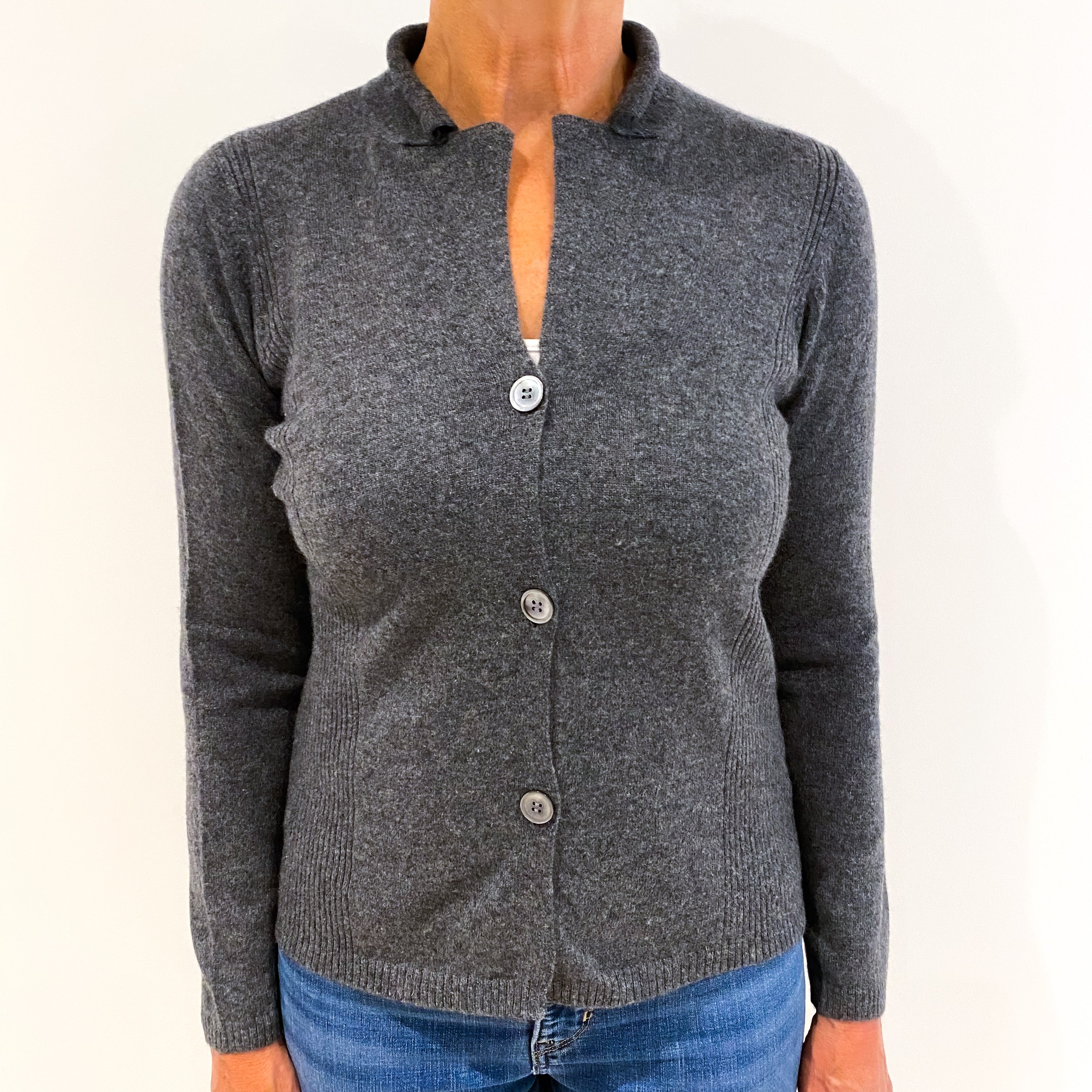 Slate Grey Collared Cashmere Deep V-Neck Cardigan Medium