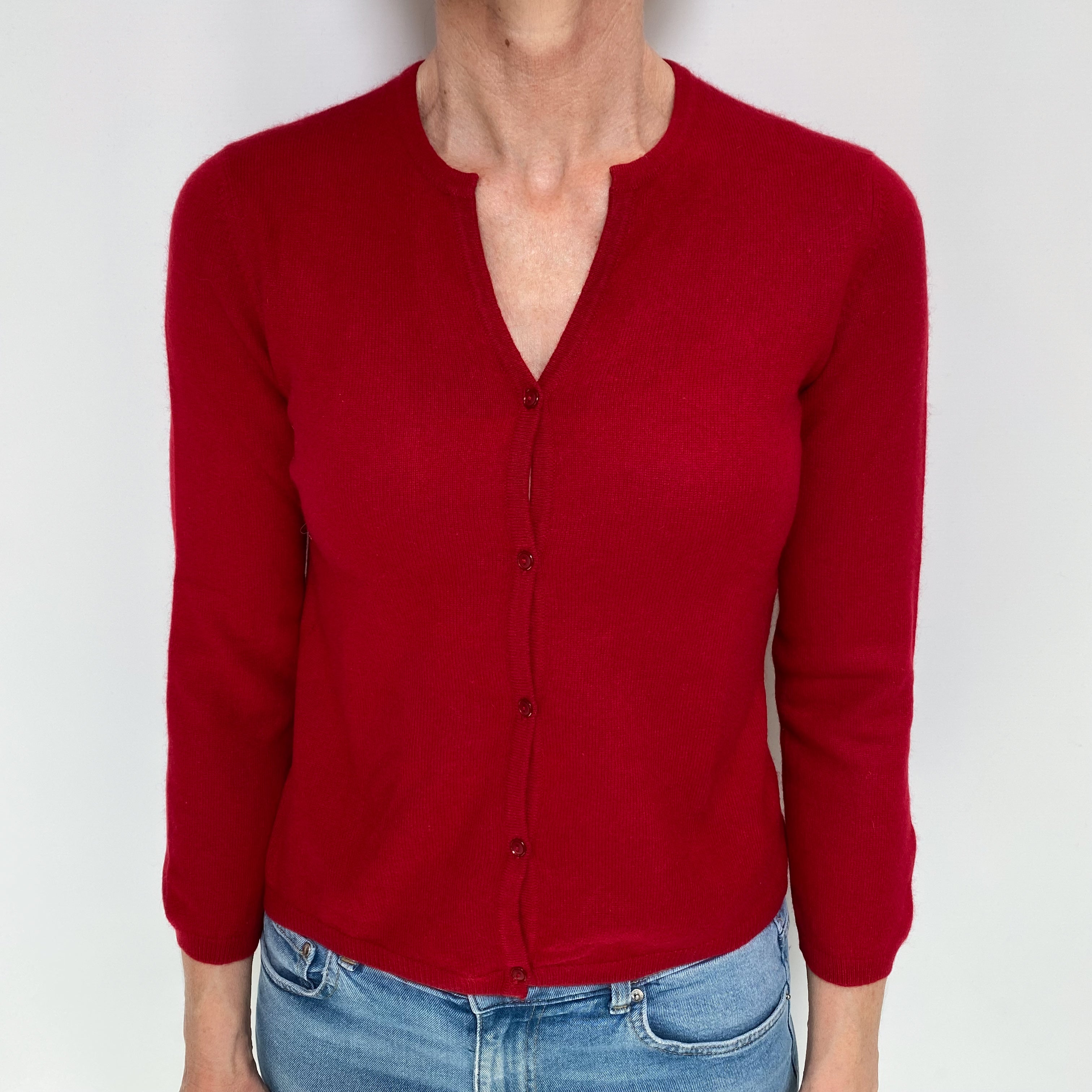 Post Box Red Cashmere Notch Neck Cardigan Small