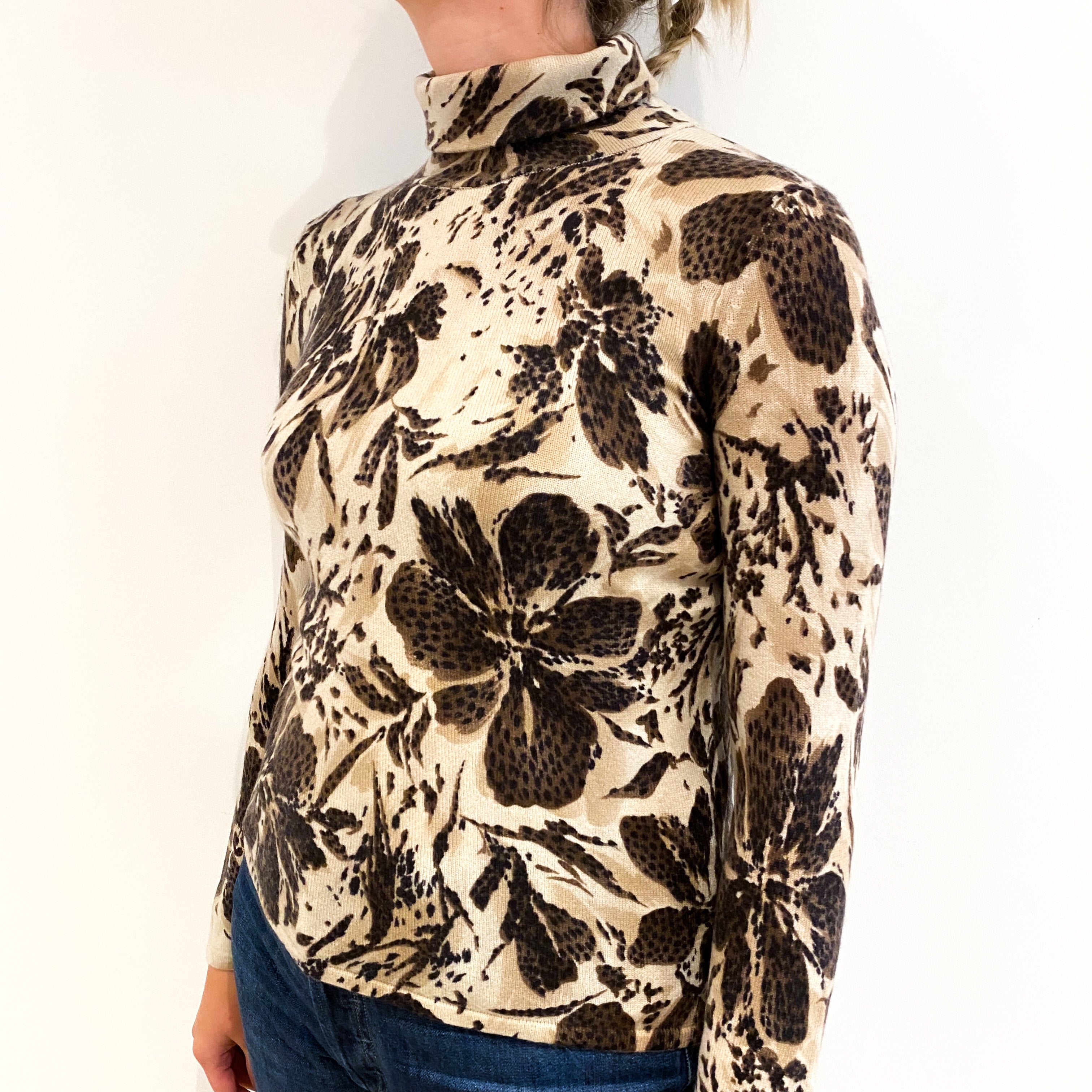 Beige and Brown Floral Cashmere Funnel Neck Jumper Small