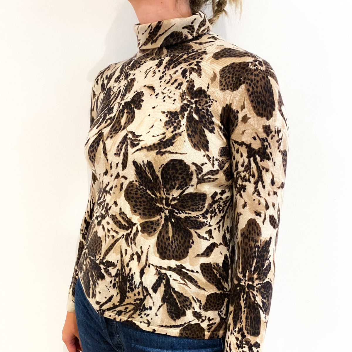 Beige and Brown Floral Cashmere Funnel Neck Jumper Small