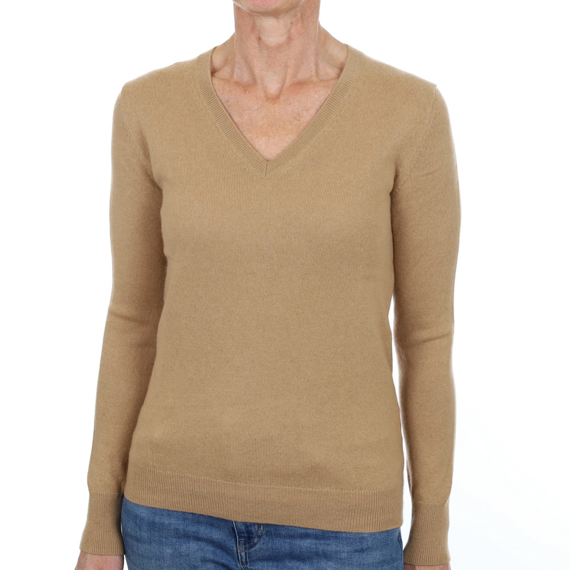 Caramel Brown Cashmere V Neck Jumper Small