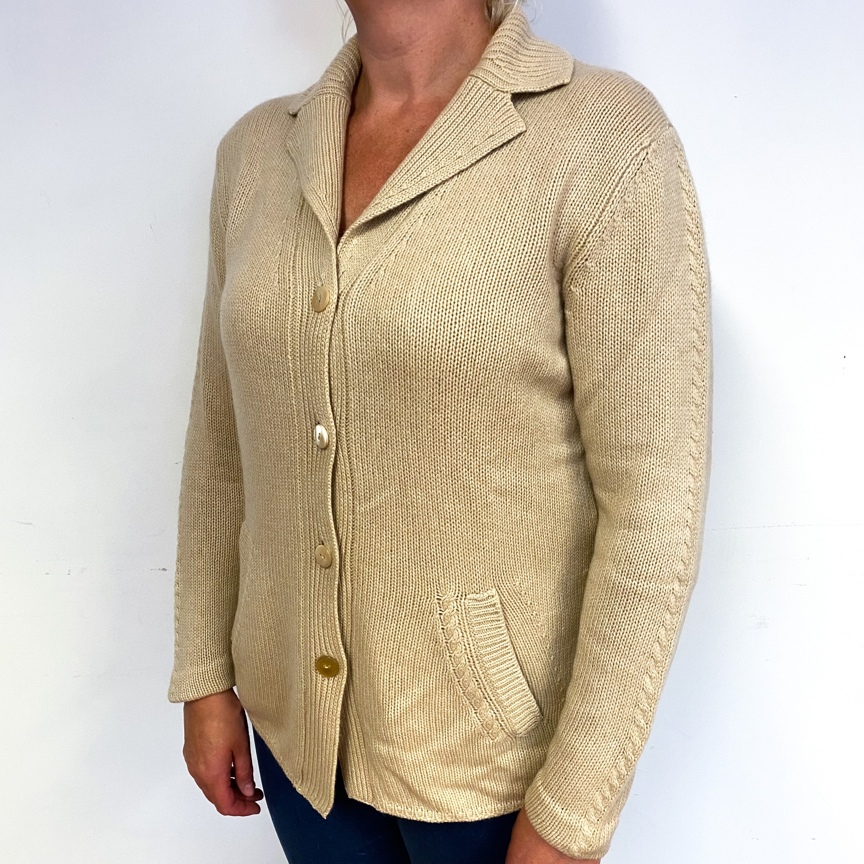 Italian Beige Chunky Cashmere Collared Cardigan Large