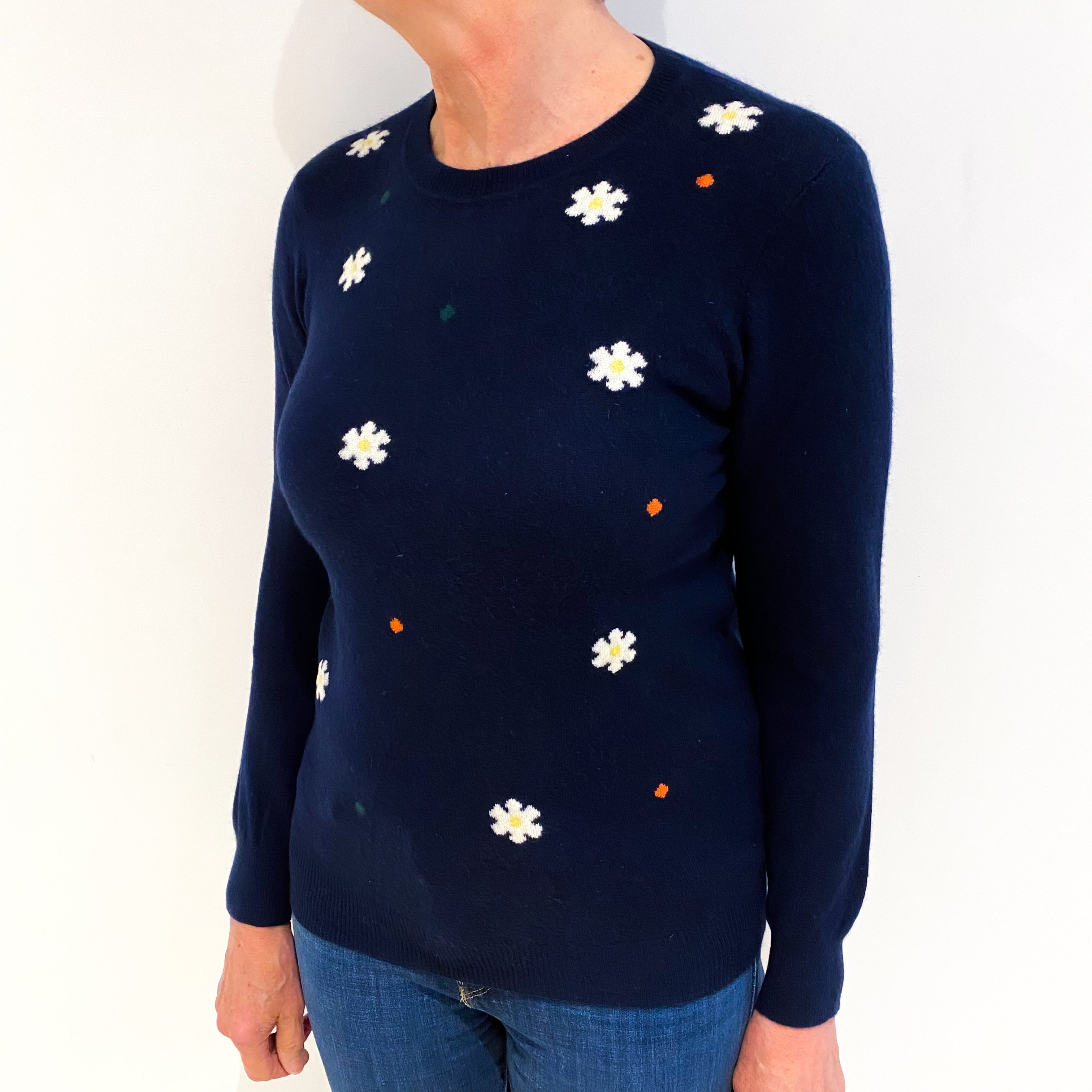 Navy Floral Cashmere Crew Neck Jumper Medium