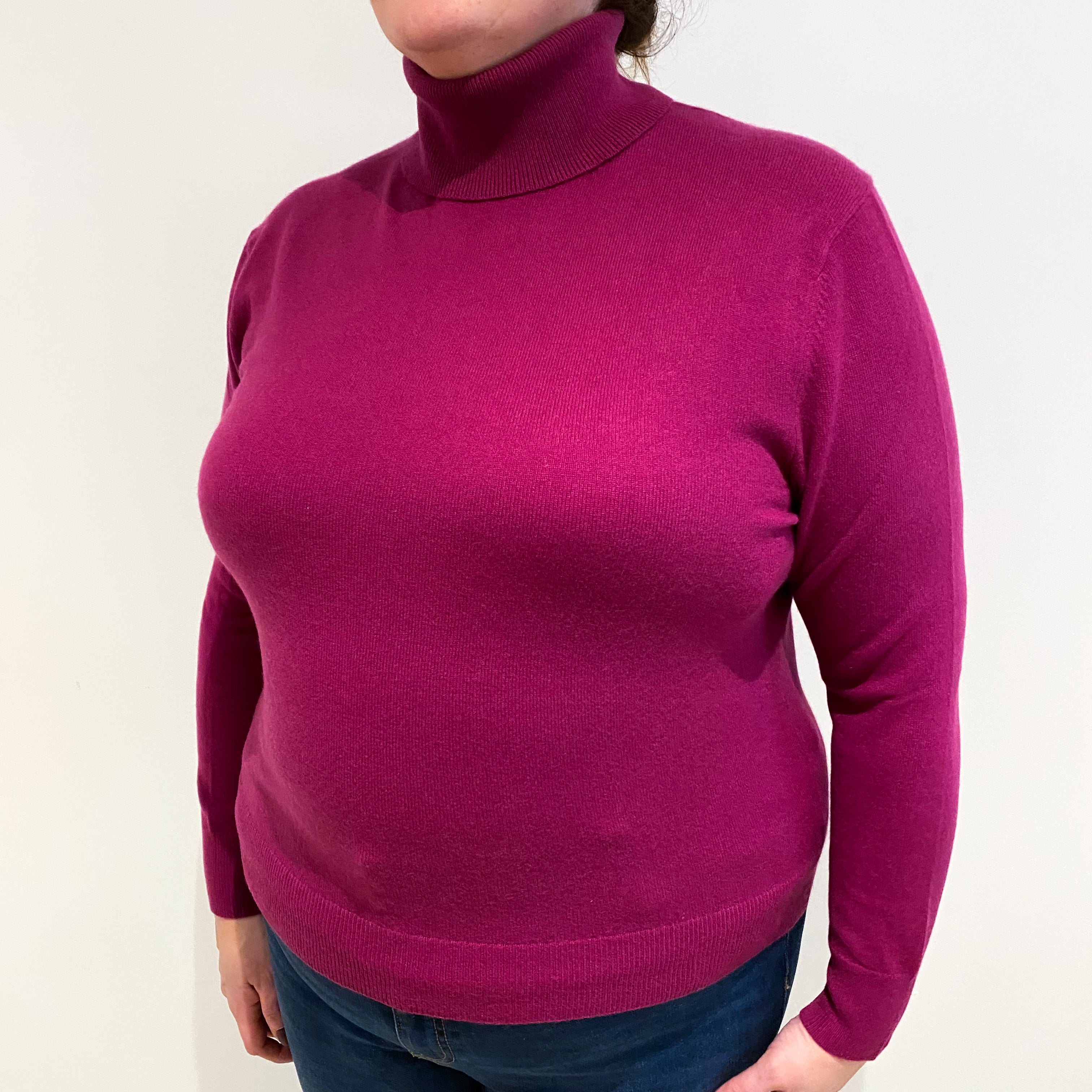 Deep Magenta Pink Cashmere Polo Neck Jumper Extra Large