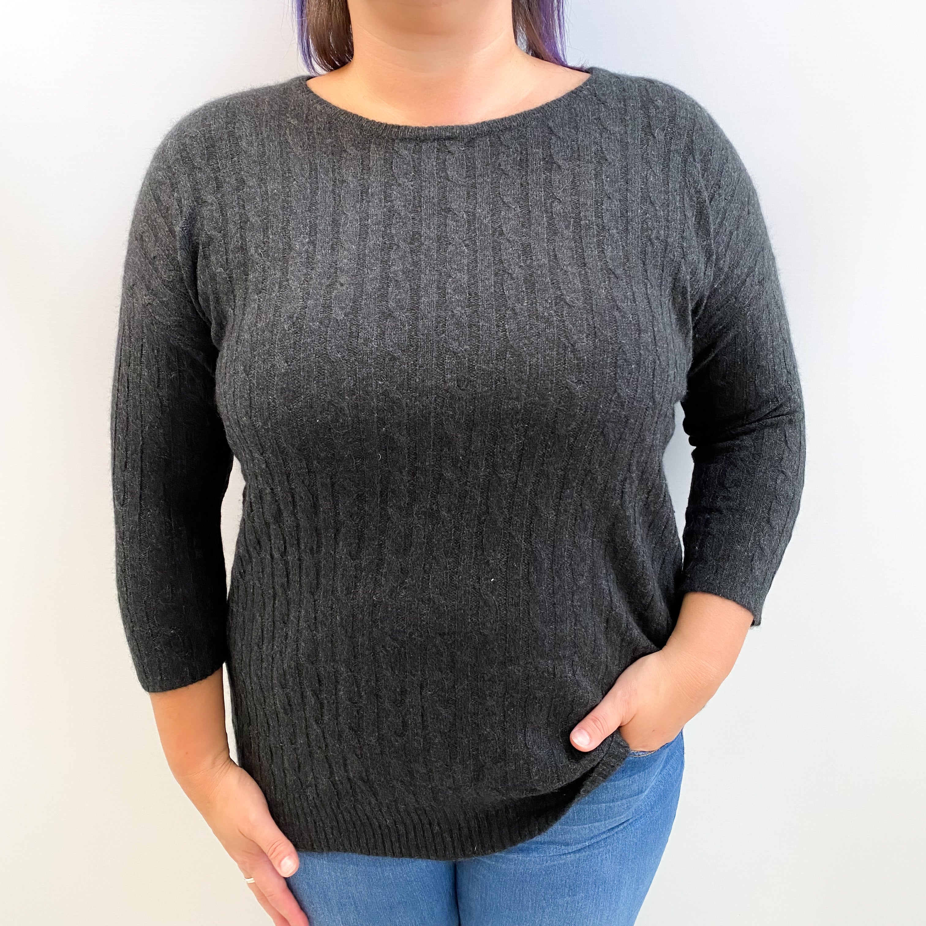 Charcoal Grey Cable Cashmere Crew Neck Jumper Large