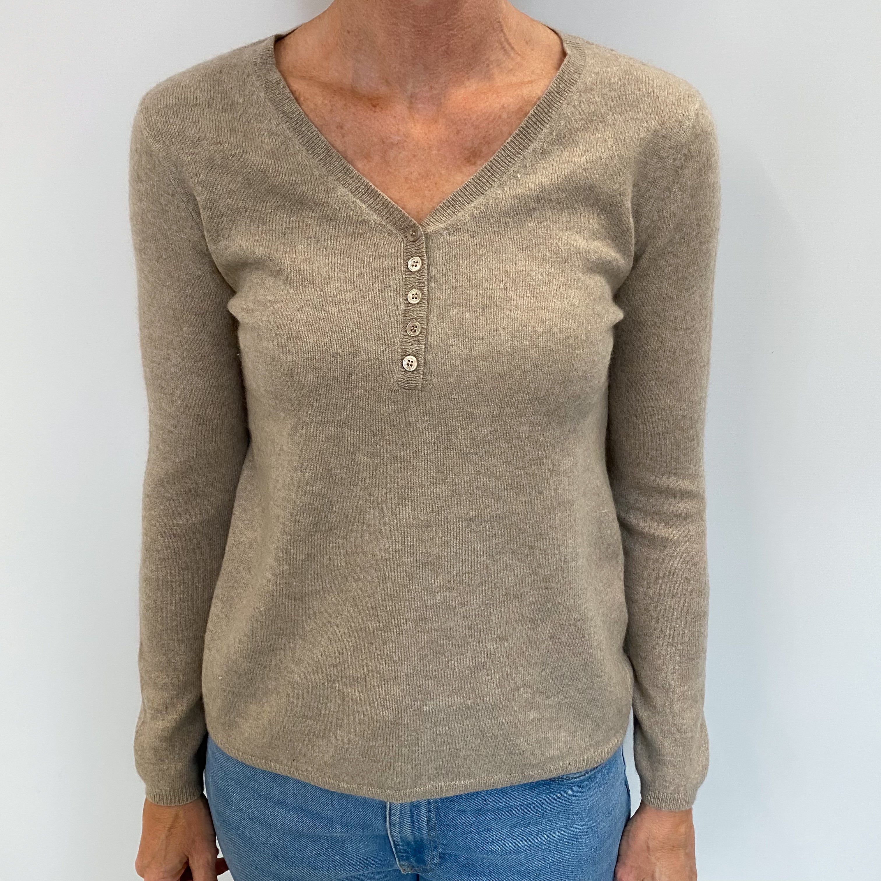 Mink Brown Cashmere 1/4 Buttoned V Neck Jumper Small