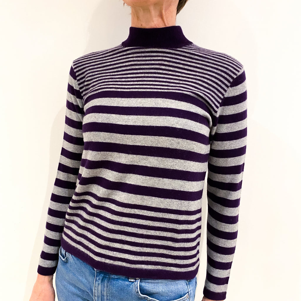 Purple And Grey Stipe Cashmere Turtle Neck Jumper Small
