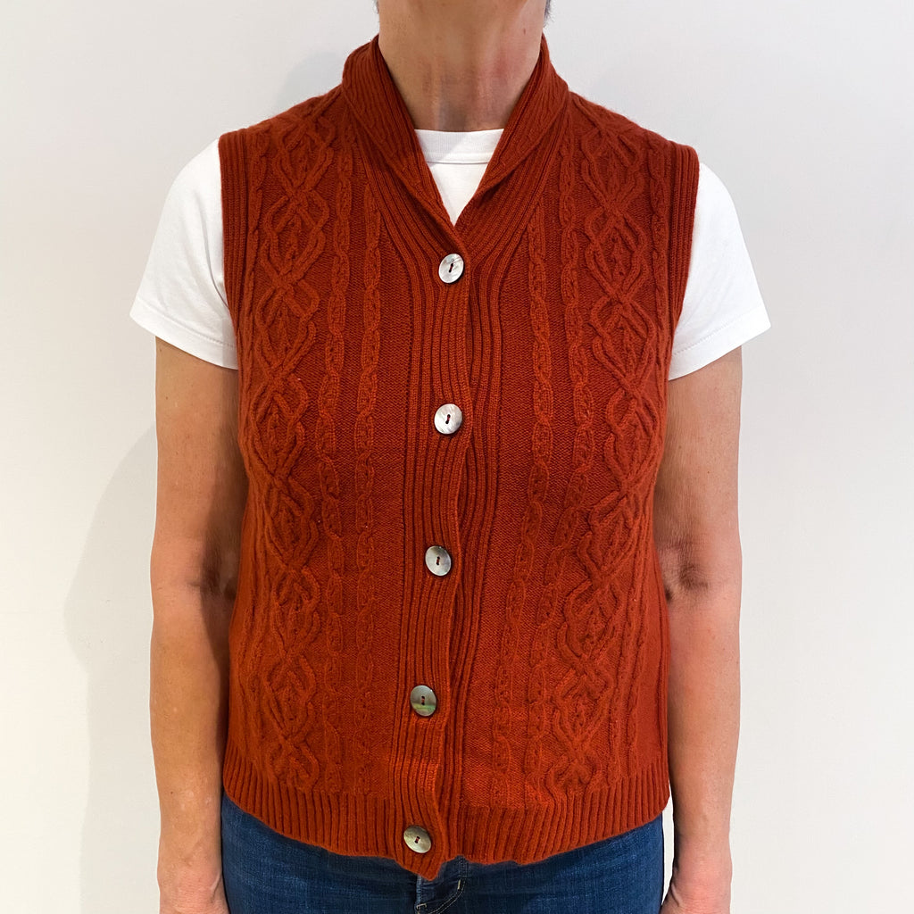 Rust Red Cashmere Shaw Collar Neck Cable Knit Gilet Medium