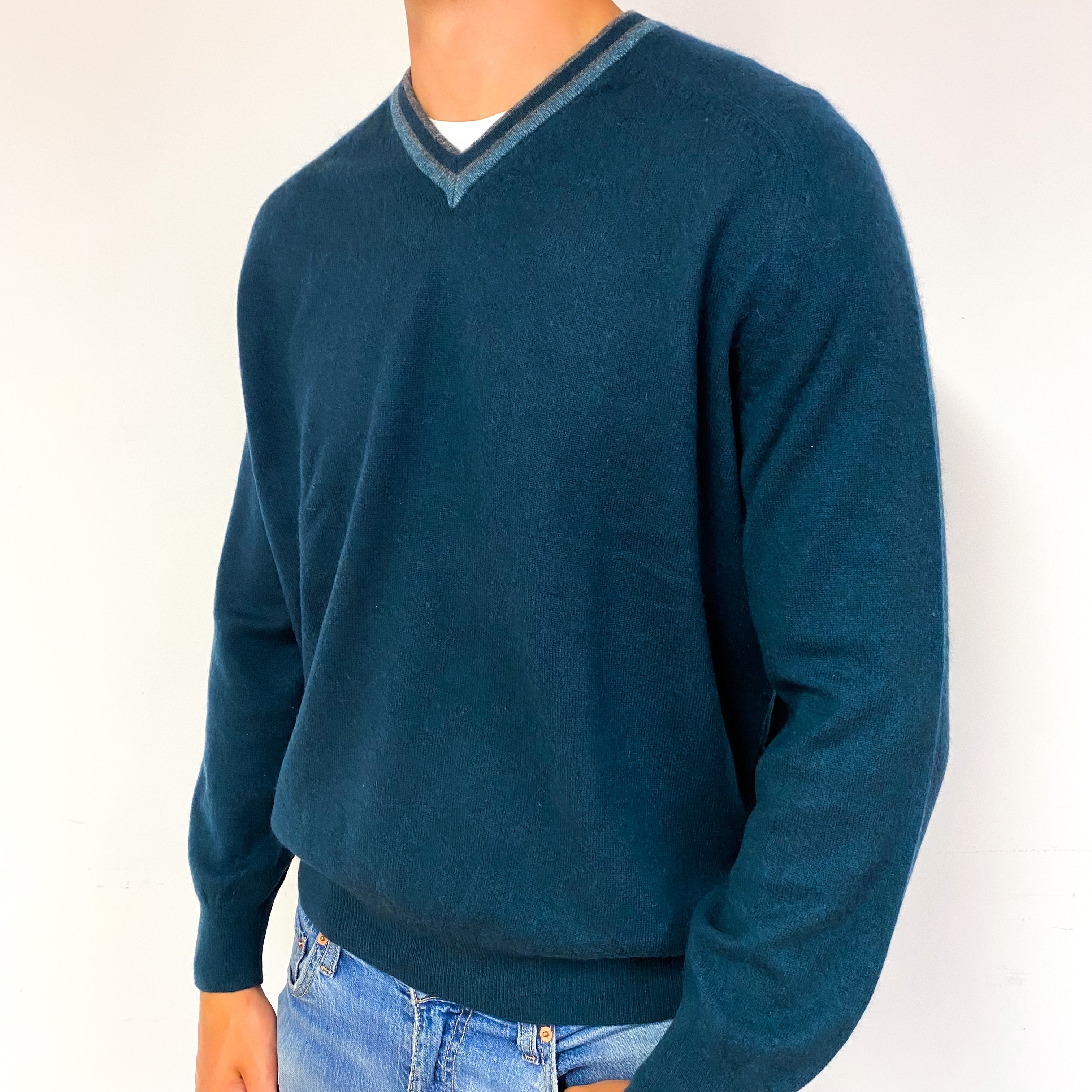 Men's Ermenegildo Zegna Forest Green Cashmere V-Neck Jumper XXL