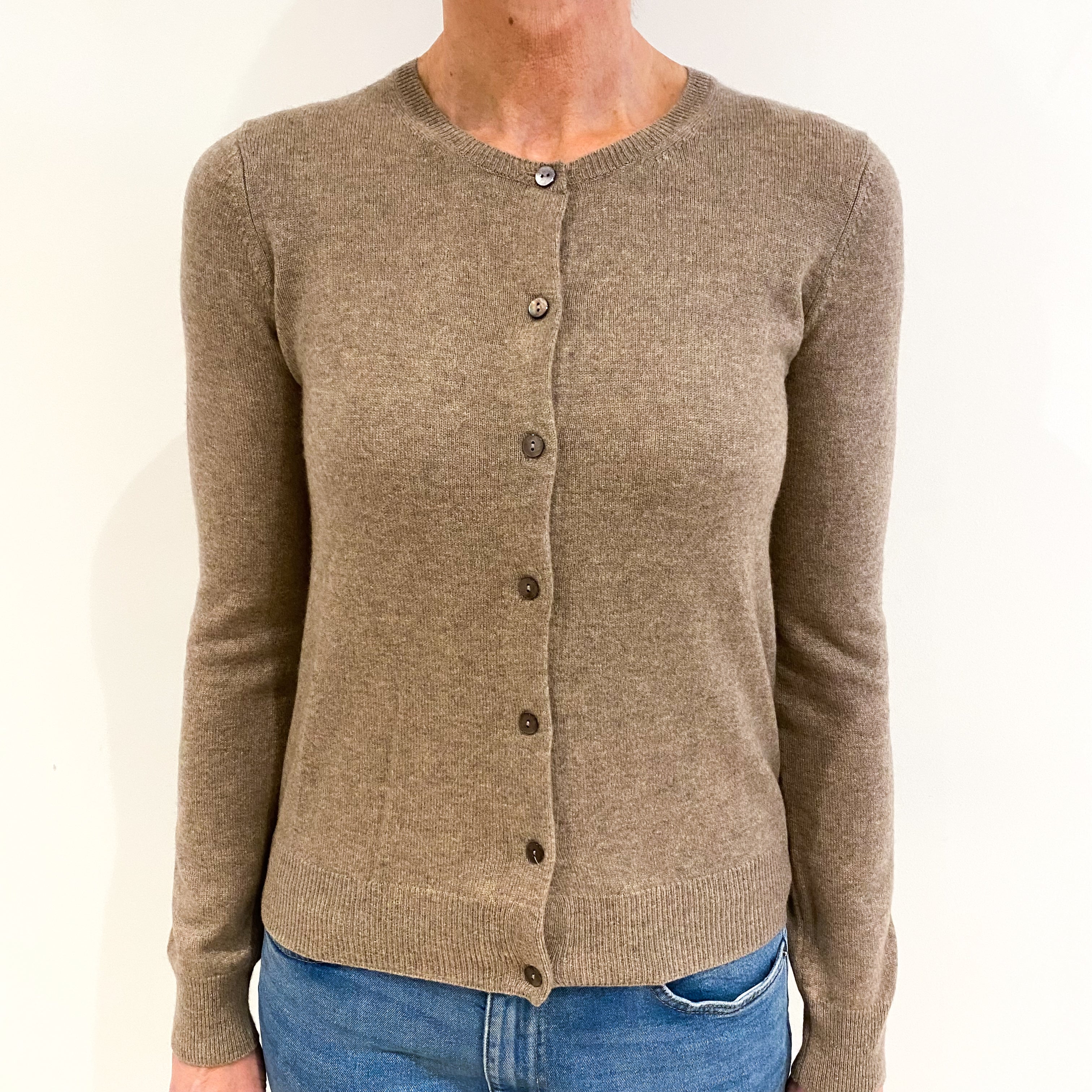 Taupe Brown Cashmere Crew Neck Cardigan Small