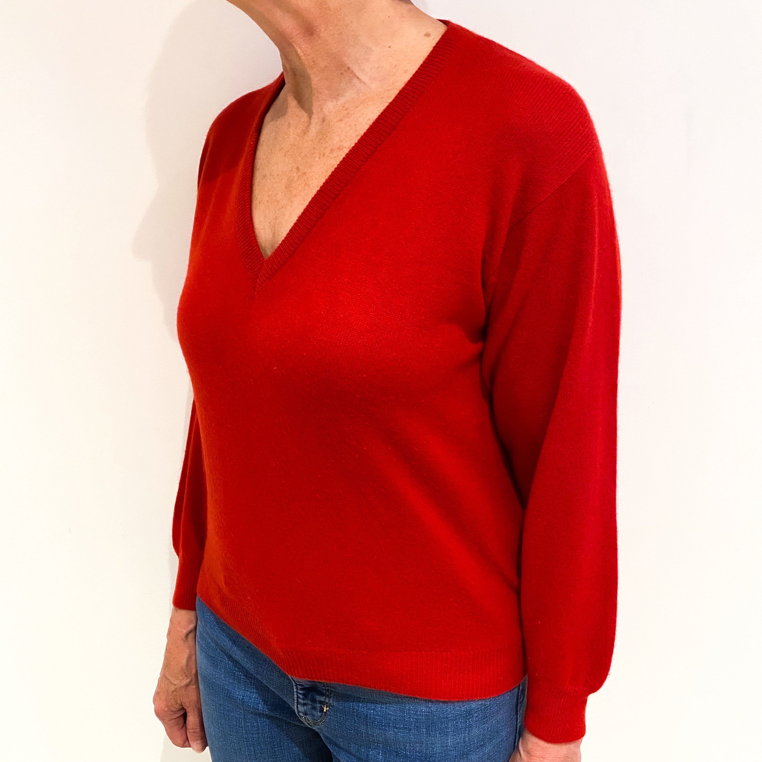 Scarlet Red Cashmere V Neck Jumper Medium