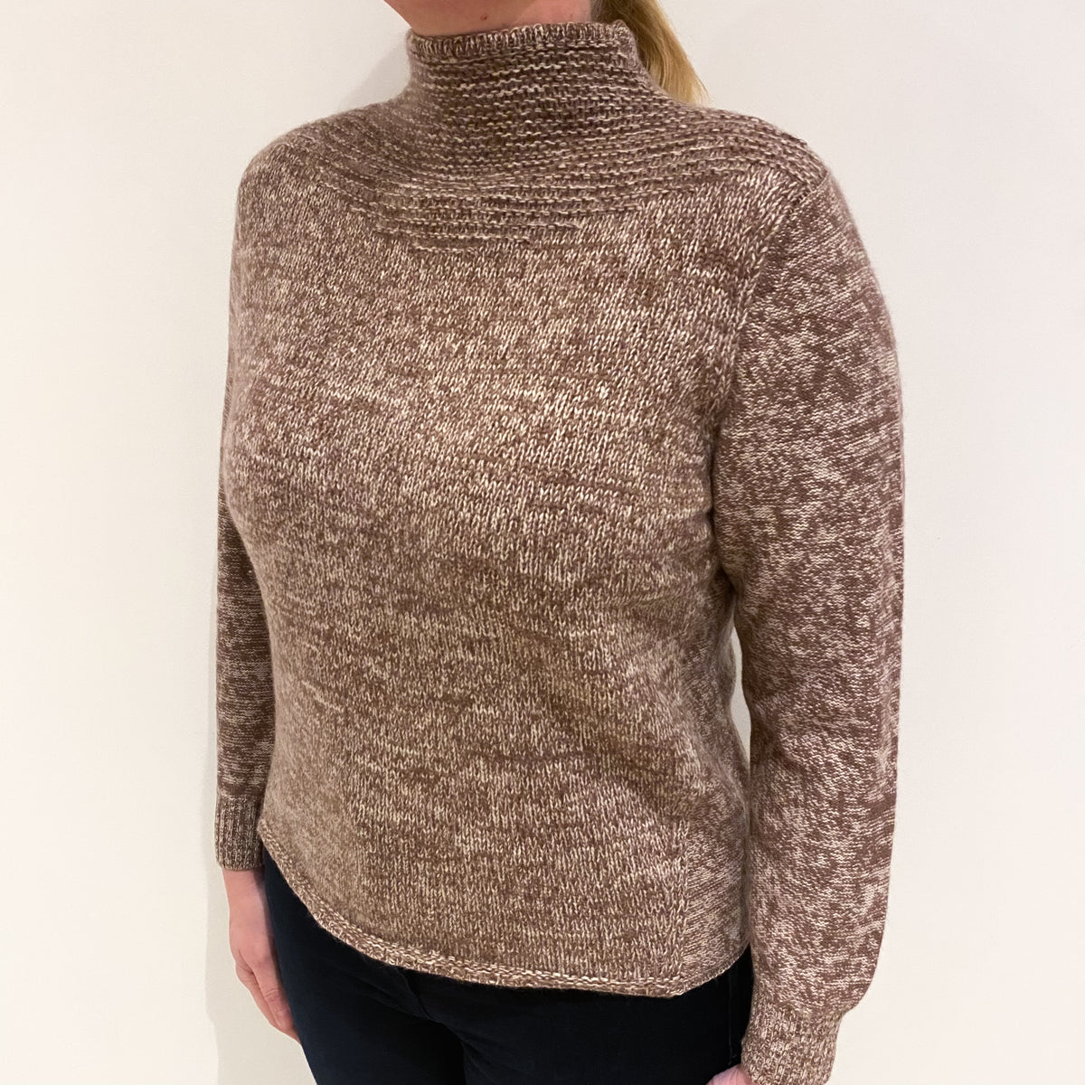Ash Brown Cream Marl Cashmere Turtle Neck Jumper Large