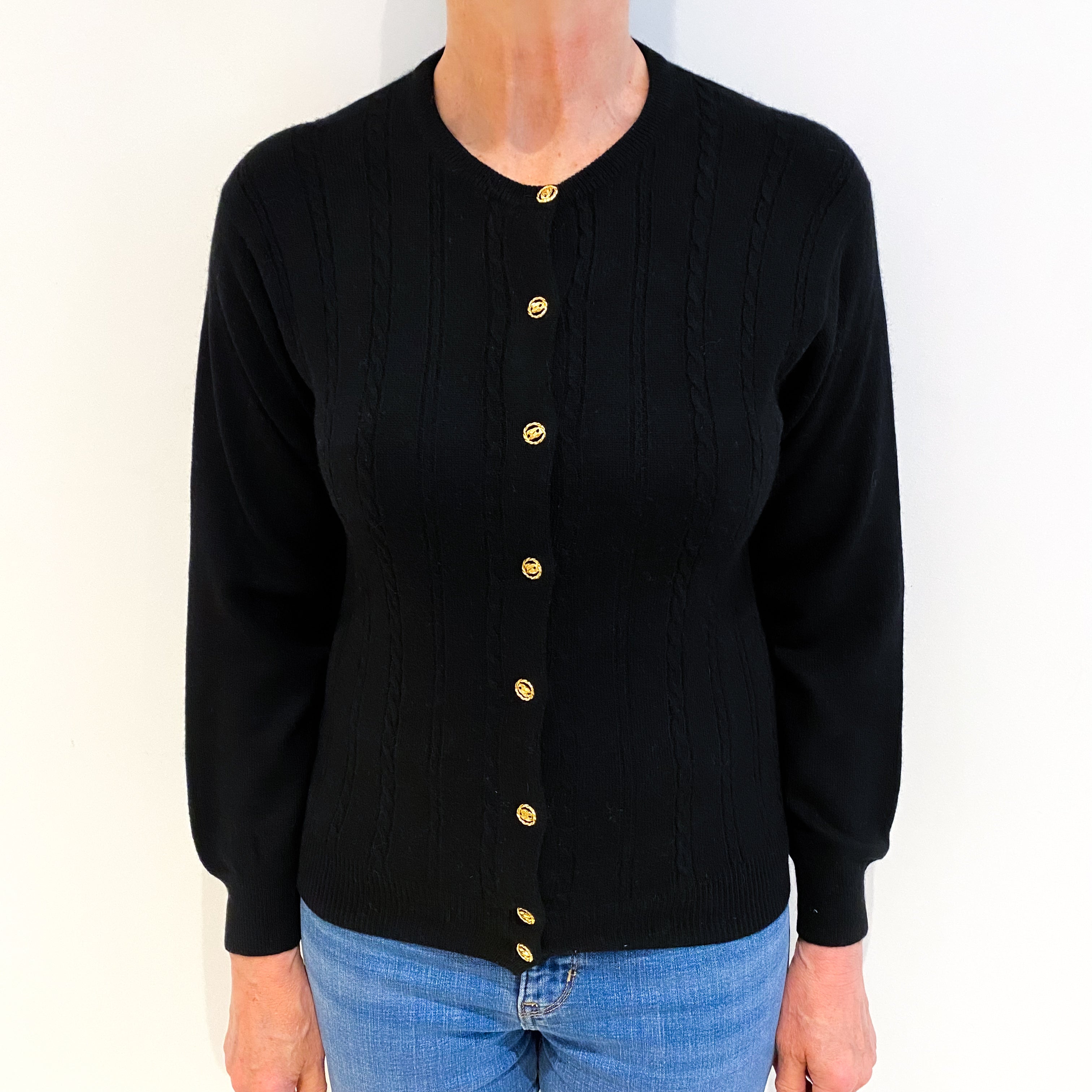 Black Cashmere Crew Neck Cardigan Medium