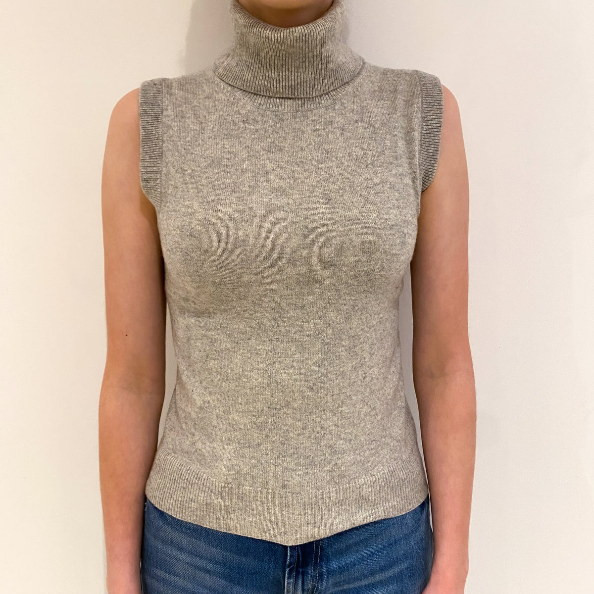Smoke Grey Cashmere Sleeveless Polo Neck Jumper Extra Small