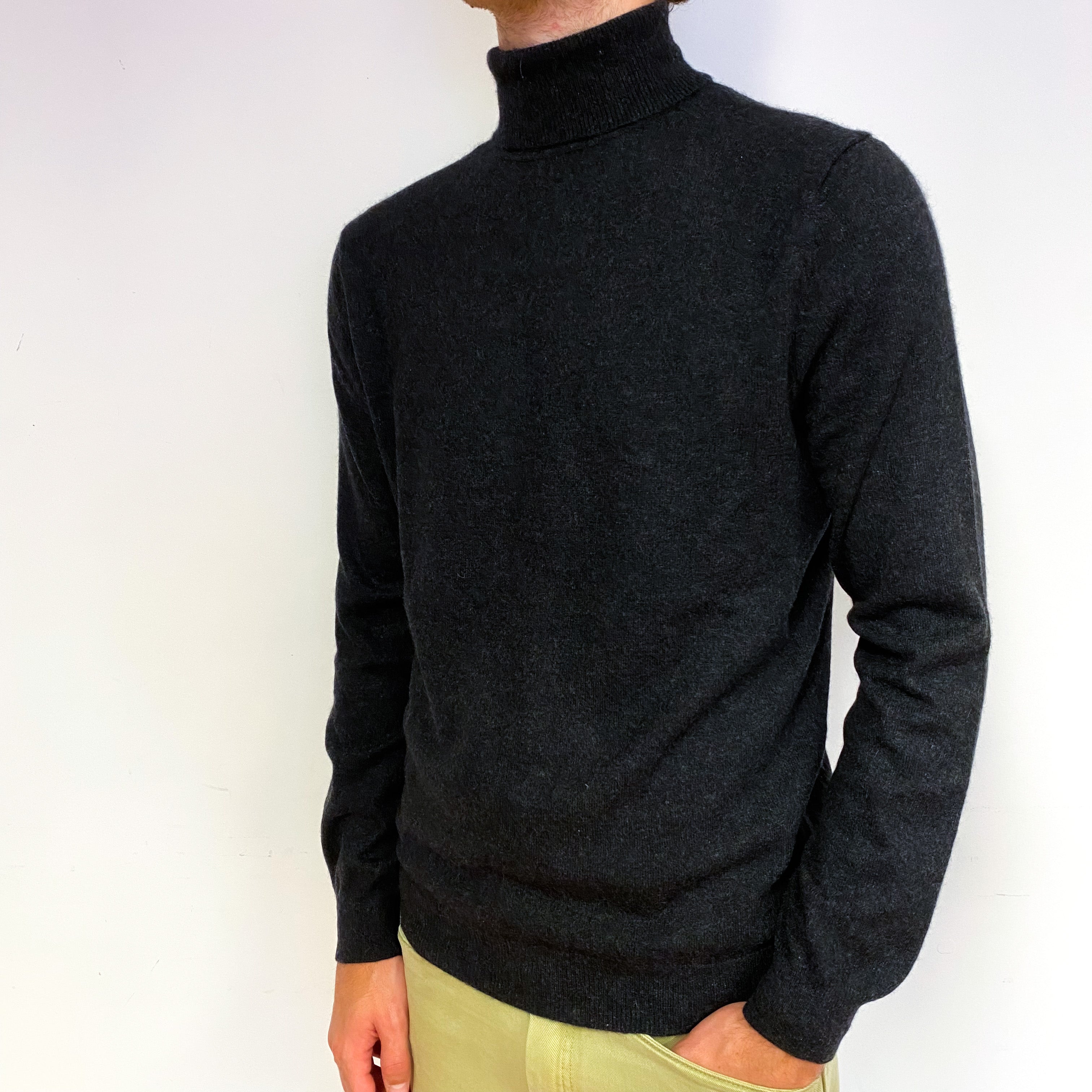 Men's Charcoal Grey Cashmere Polo Neck Jumper Large