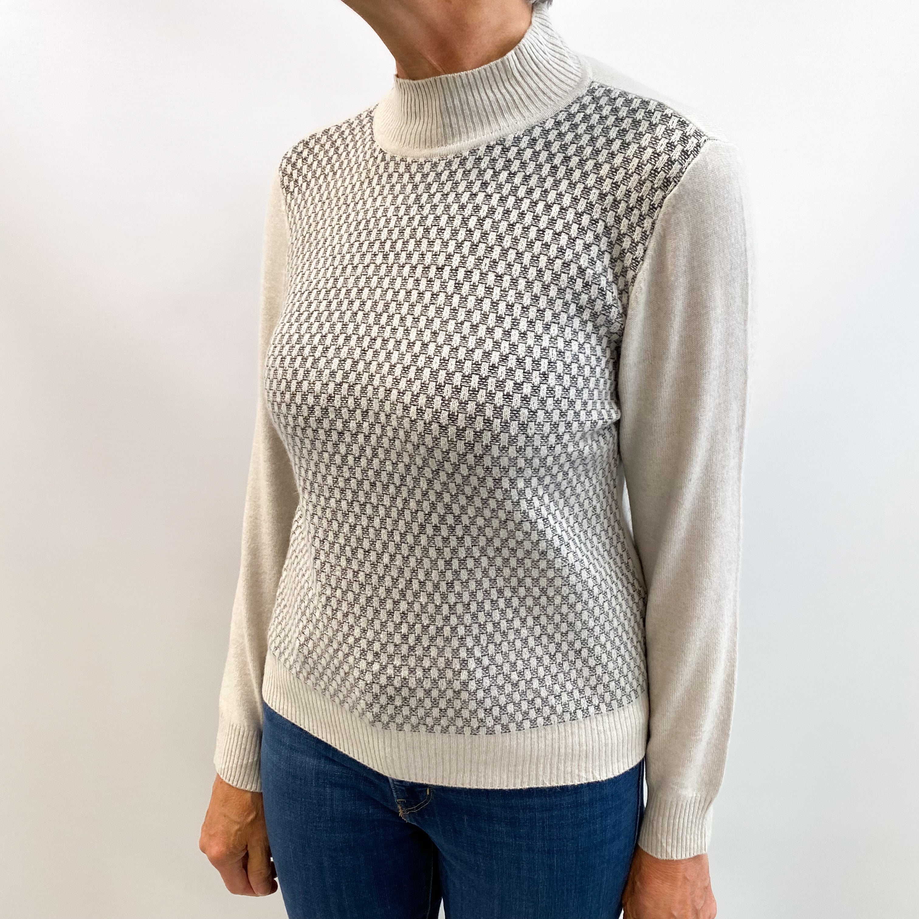 Frost Grey Cashmere Turtle Neck Basket Weave Jumper Medium