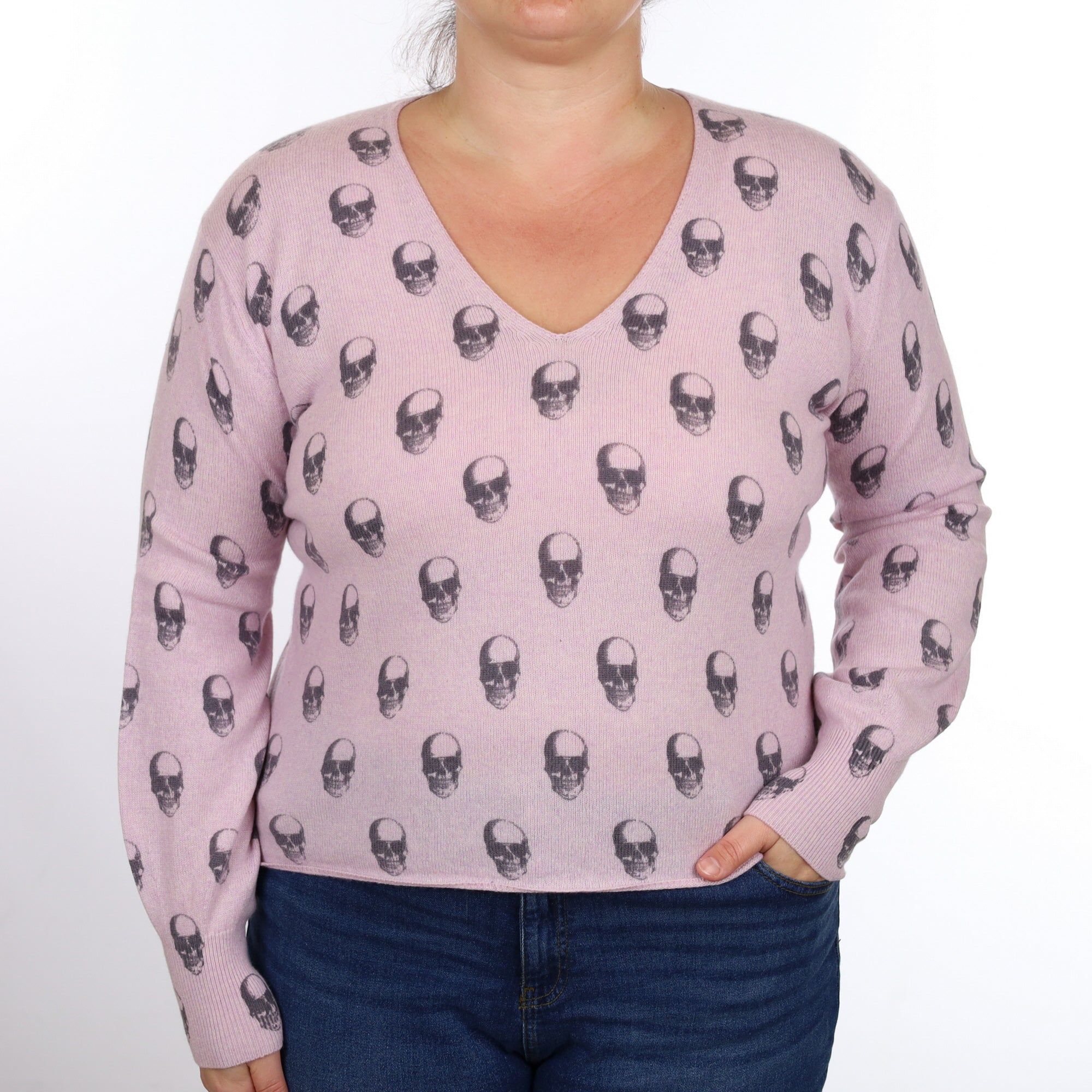 Mauve Skull Pattern Cashmere V Neck Jumper Large
