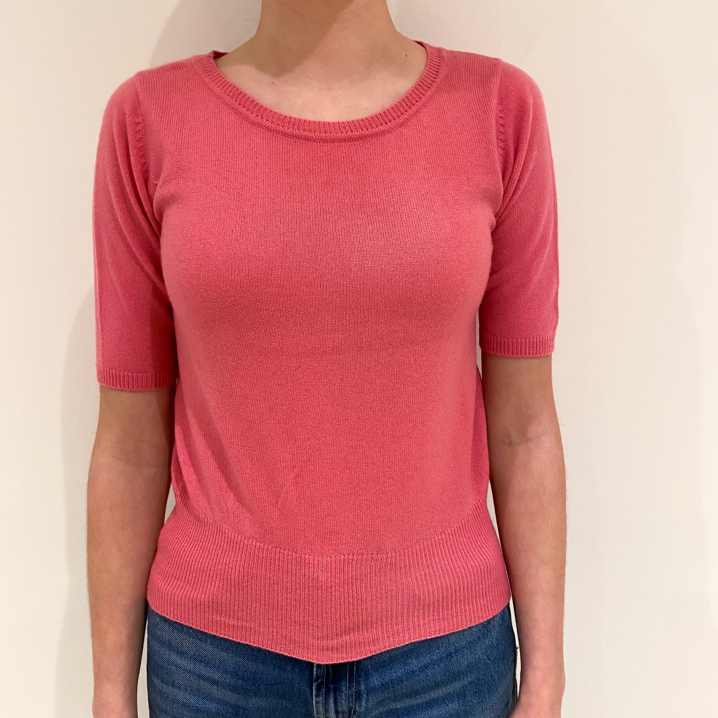 Bubblegum Pink Cashmere Short Sleeved Crew Neck Jumper Extra Small