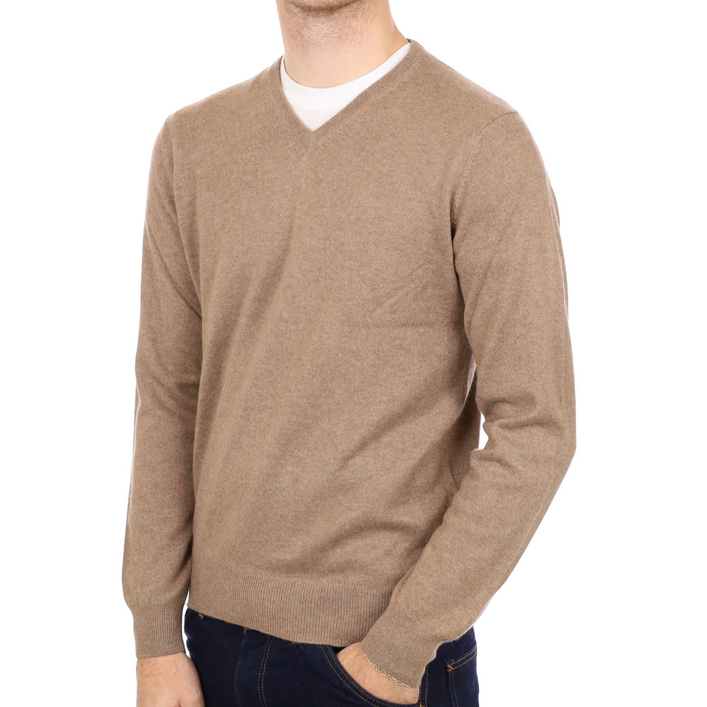 Men's Fudge Brown Cashmere V Neck Jumper Medium