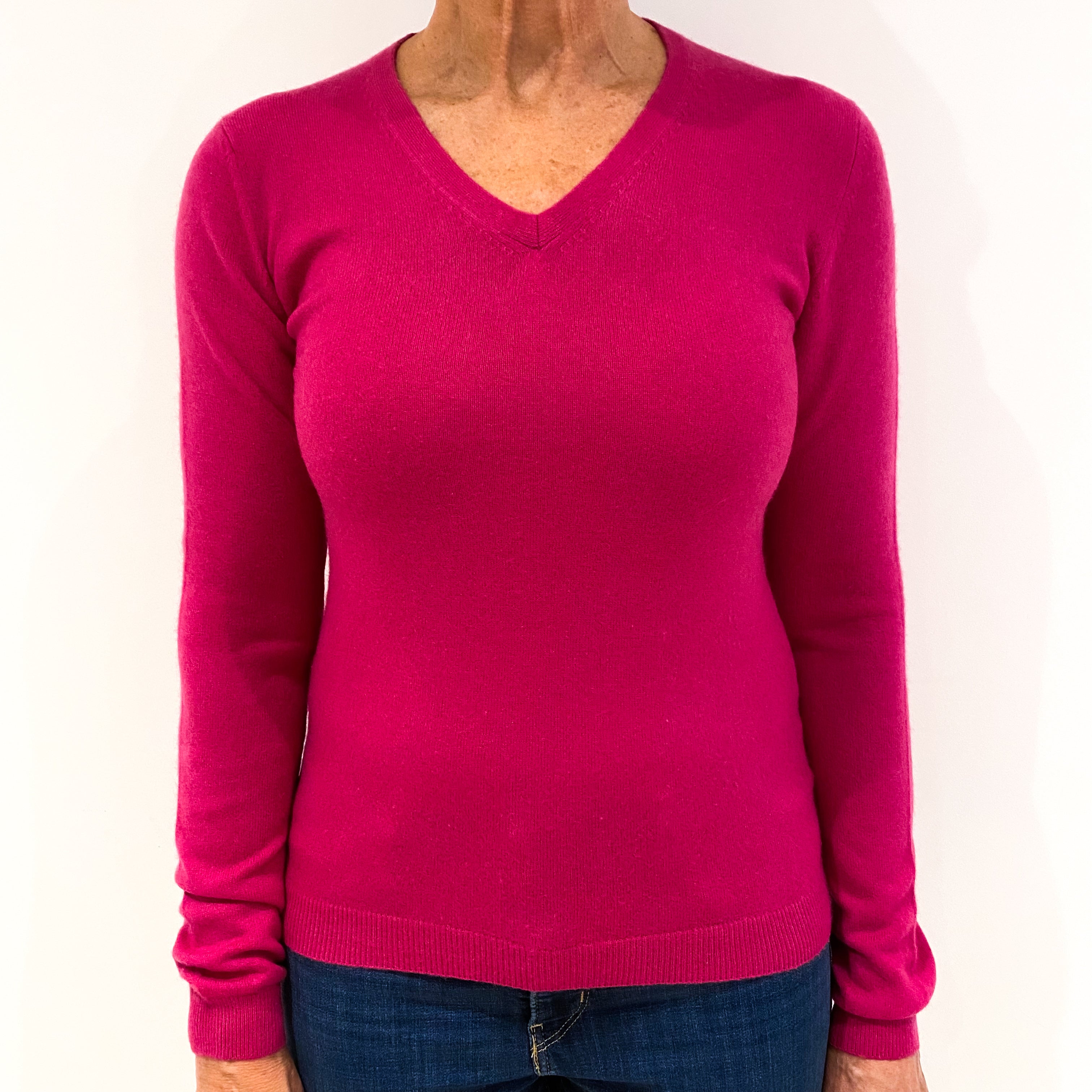 Fuchsia Pink Cashmere V-Neck Jumper Medium