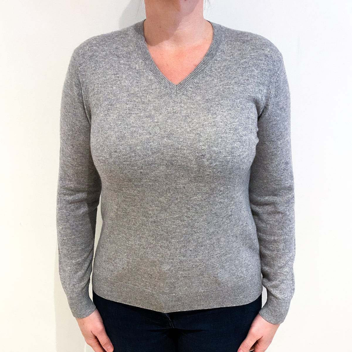 Smoke Grey Cashmere V Neck Jumper Large