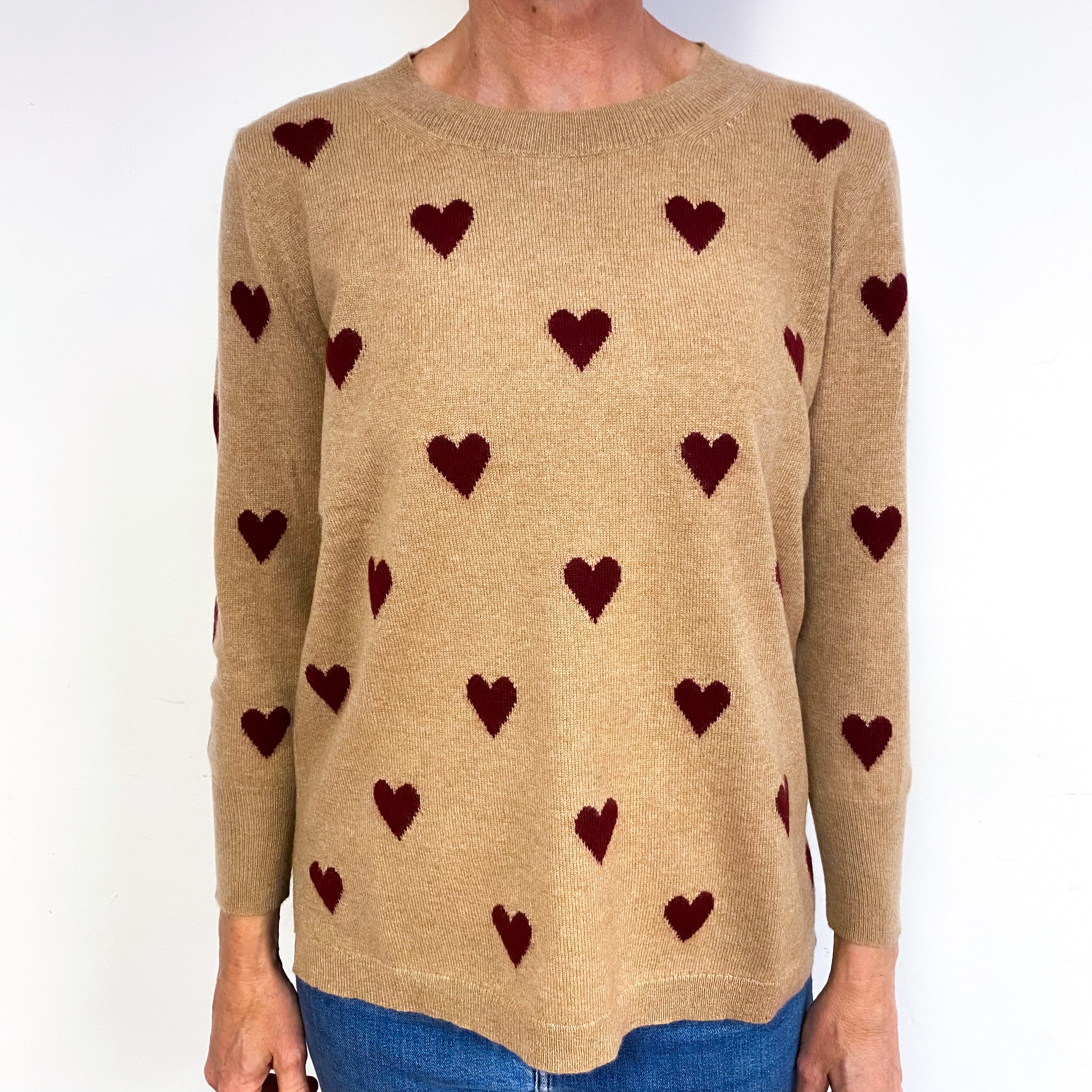 Caramel Burgundy Heart Cashmere Crew Neck Jumper Medium