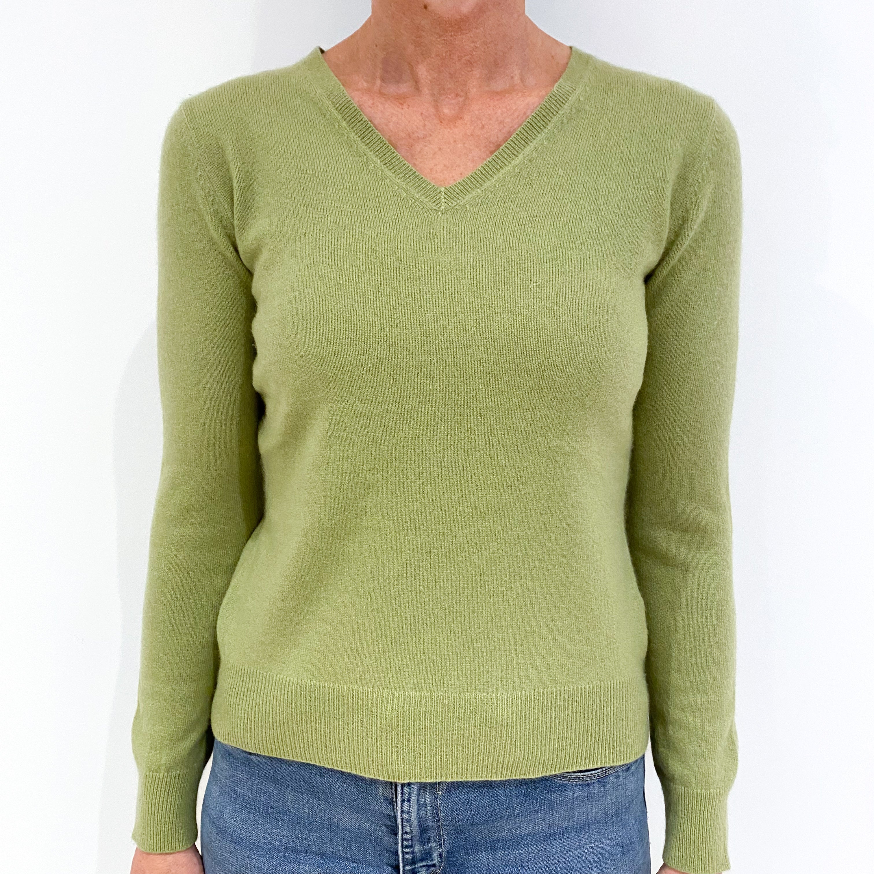 Pear Green Cashmere V-Neck Jumper Small