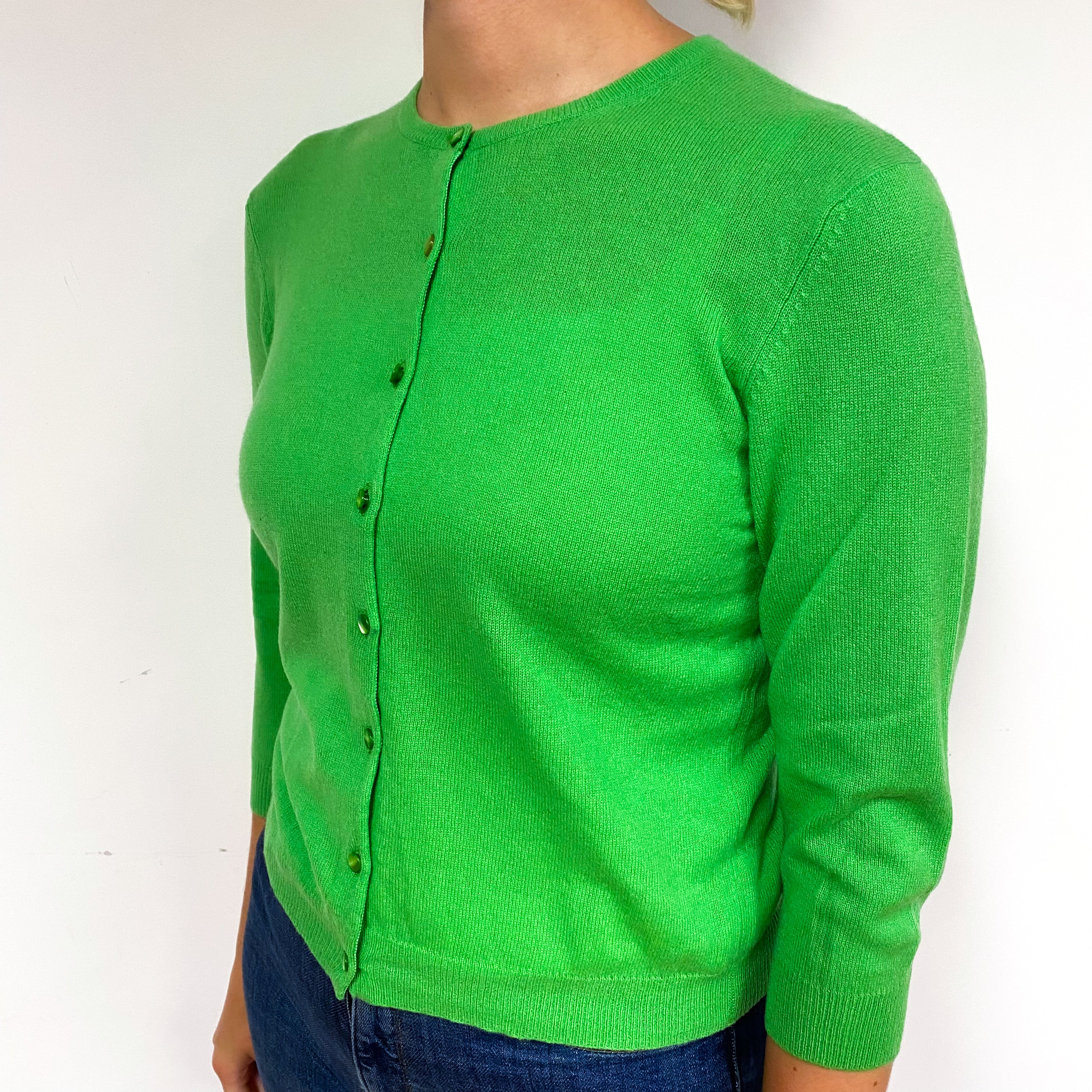 Neon Green Lightweight Cashmere Crew Neck Cardigan Small