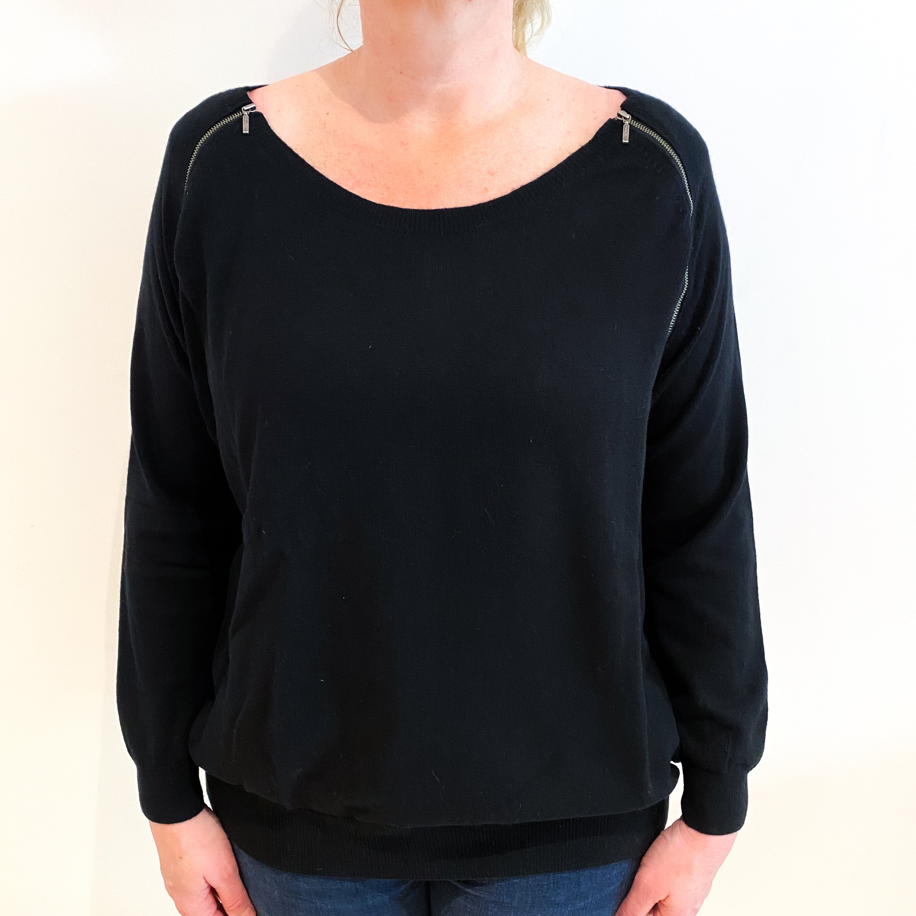 Black Cashmere Zip Detail Scoop Neck Jumper Large