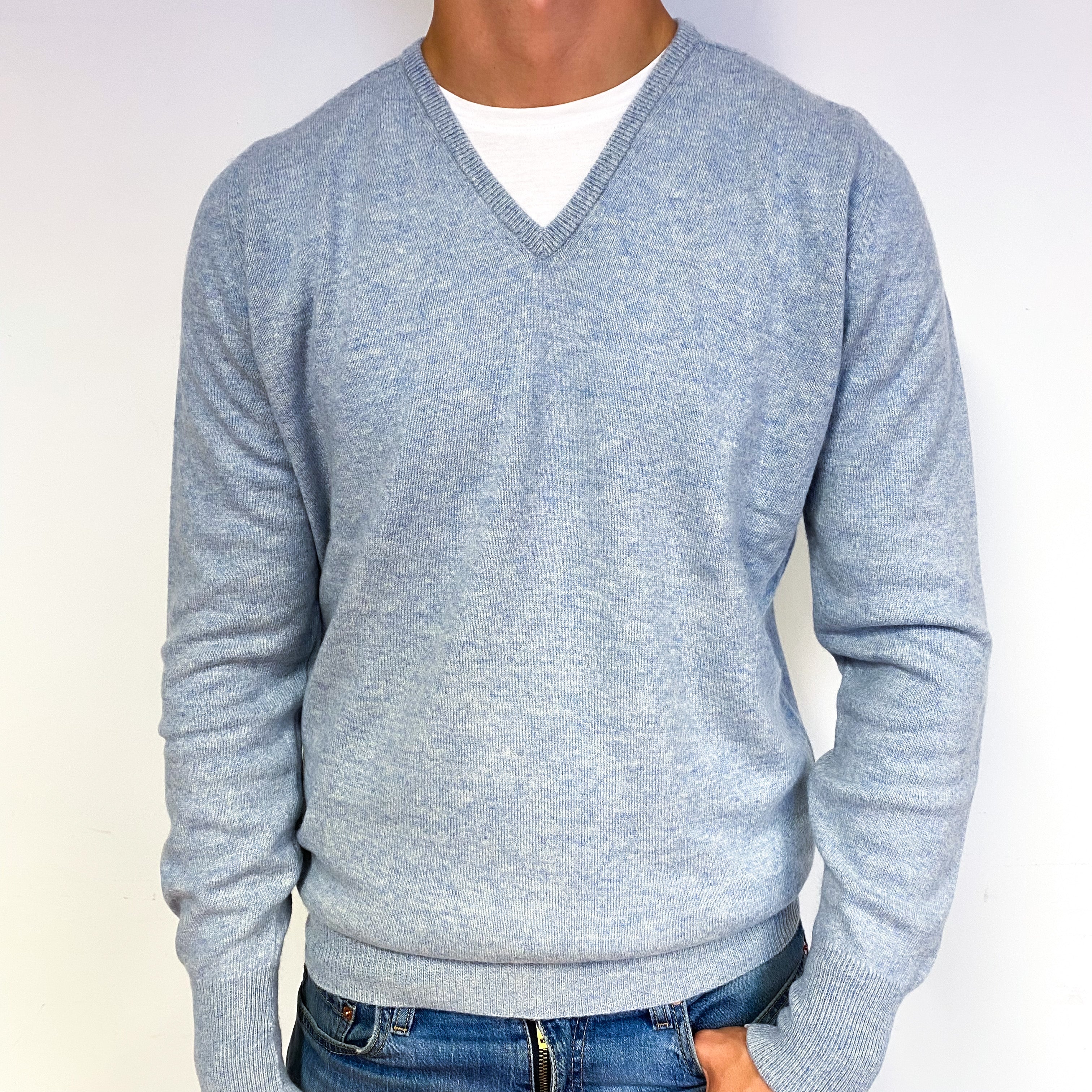 Men's Opal Blue Cashmere V-Neck Jumper Extra Large