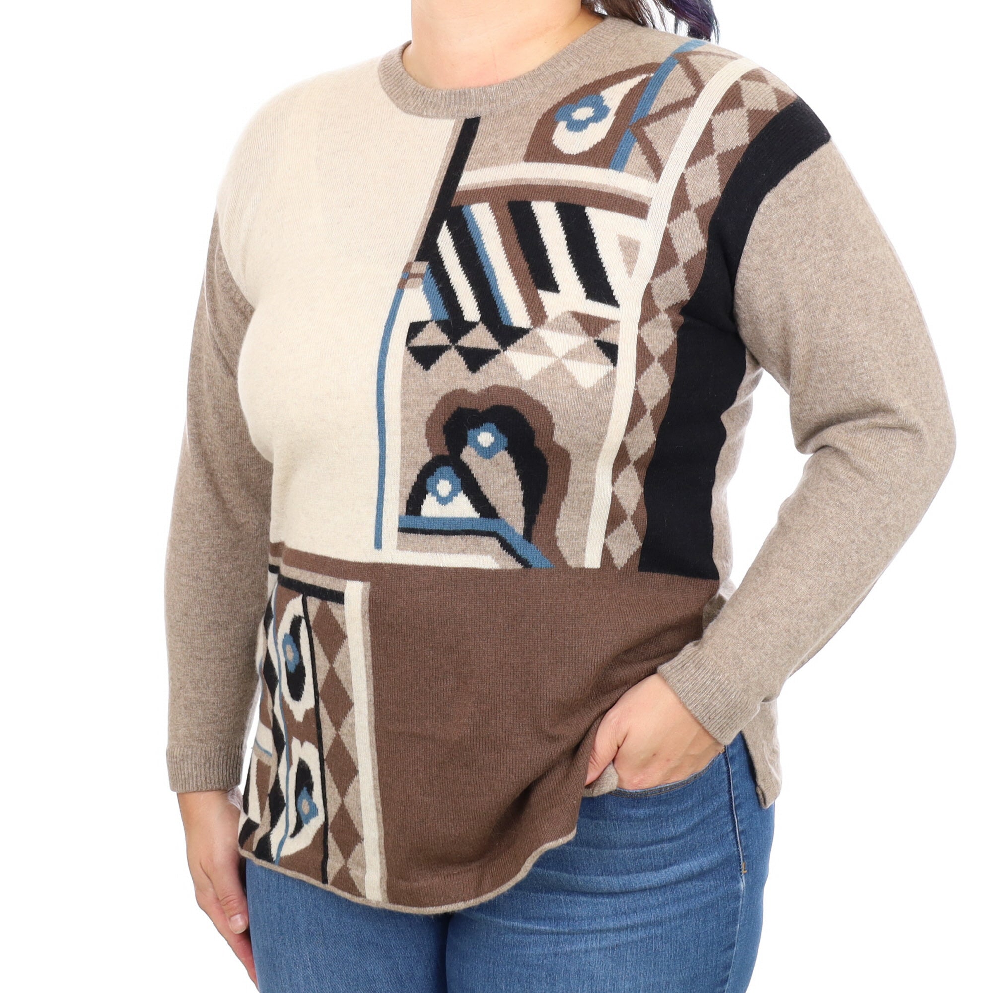 Brown Geometric Cashmere Crew Neck Jumper Large