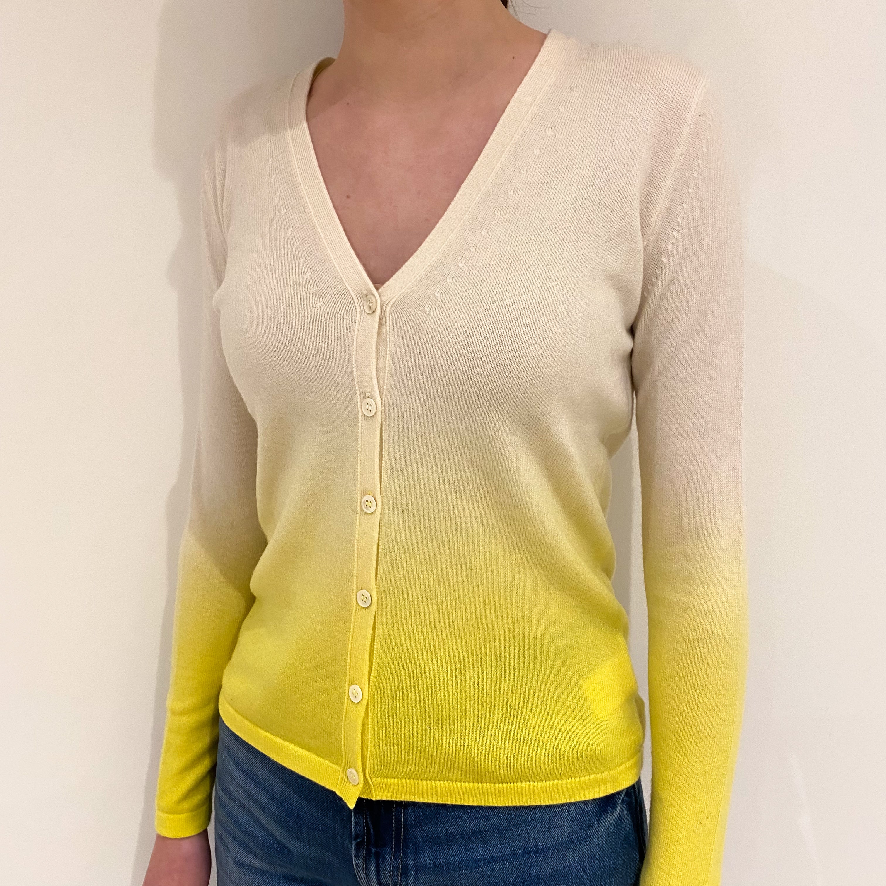 Cream and Yellow Ombré Cashmere V Neck Cardigan Extra Small