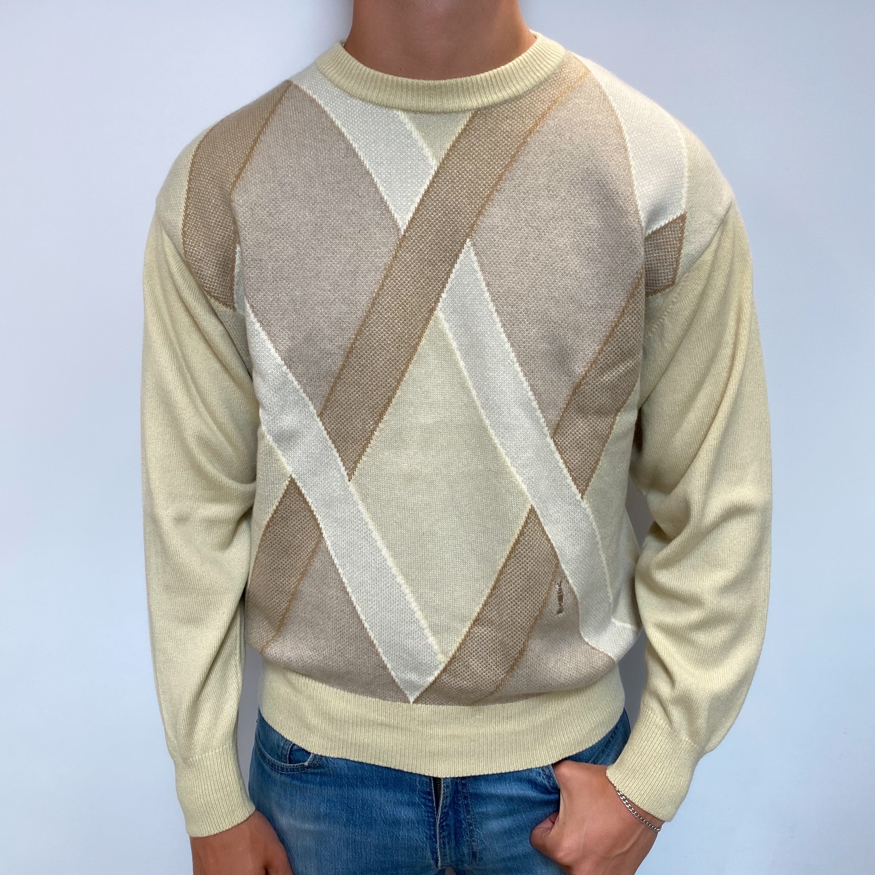 Men's Golden Beige Diamond Pattern Cashmere Crew Neck Jumper XL