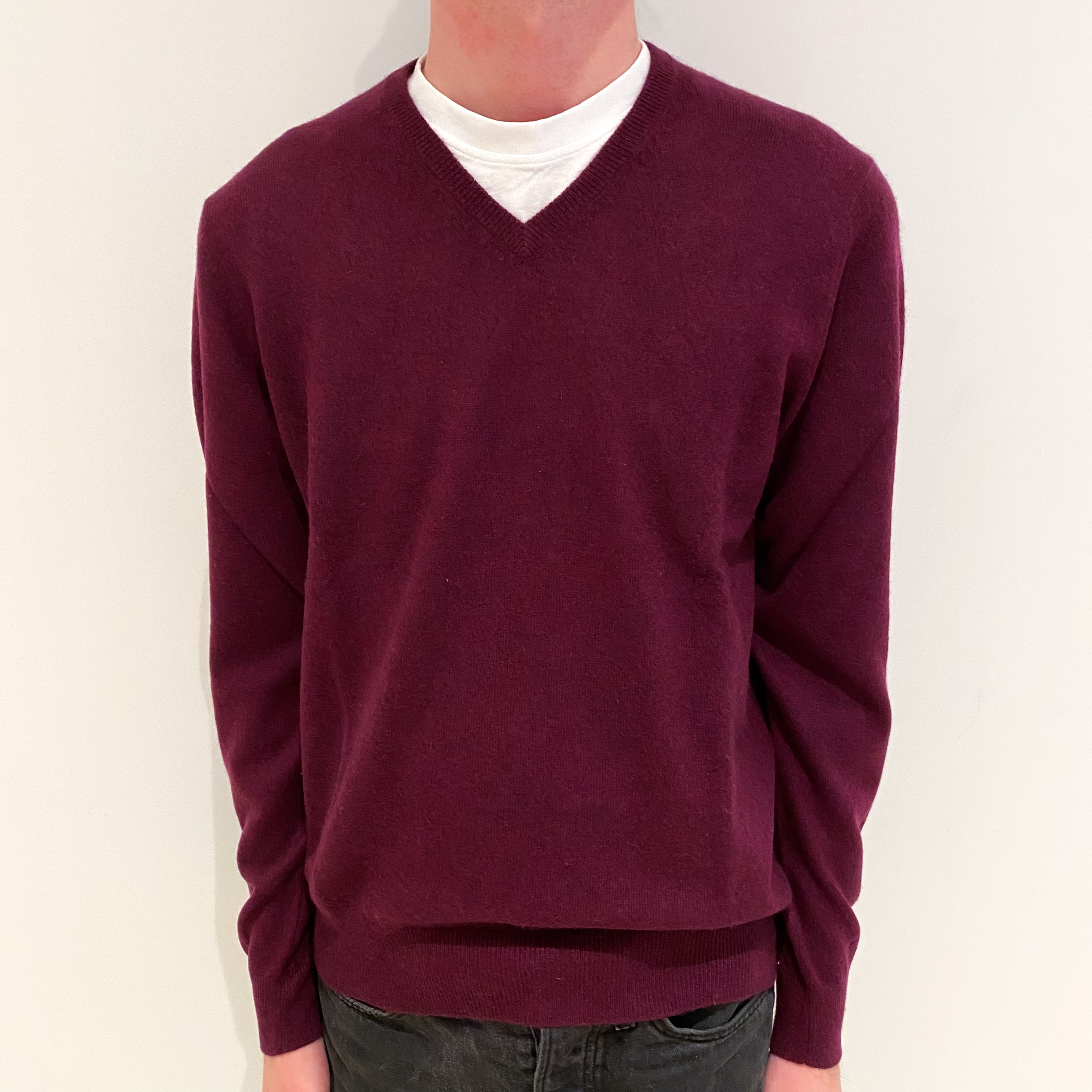 Men's Mulberry Purple Cashmere V-Neck Jumper Small