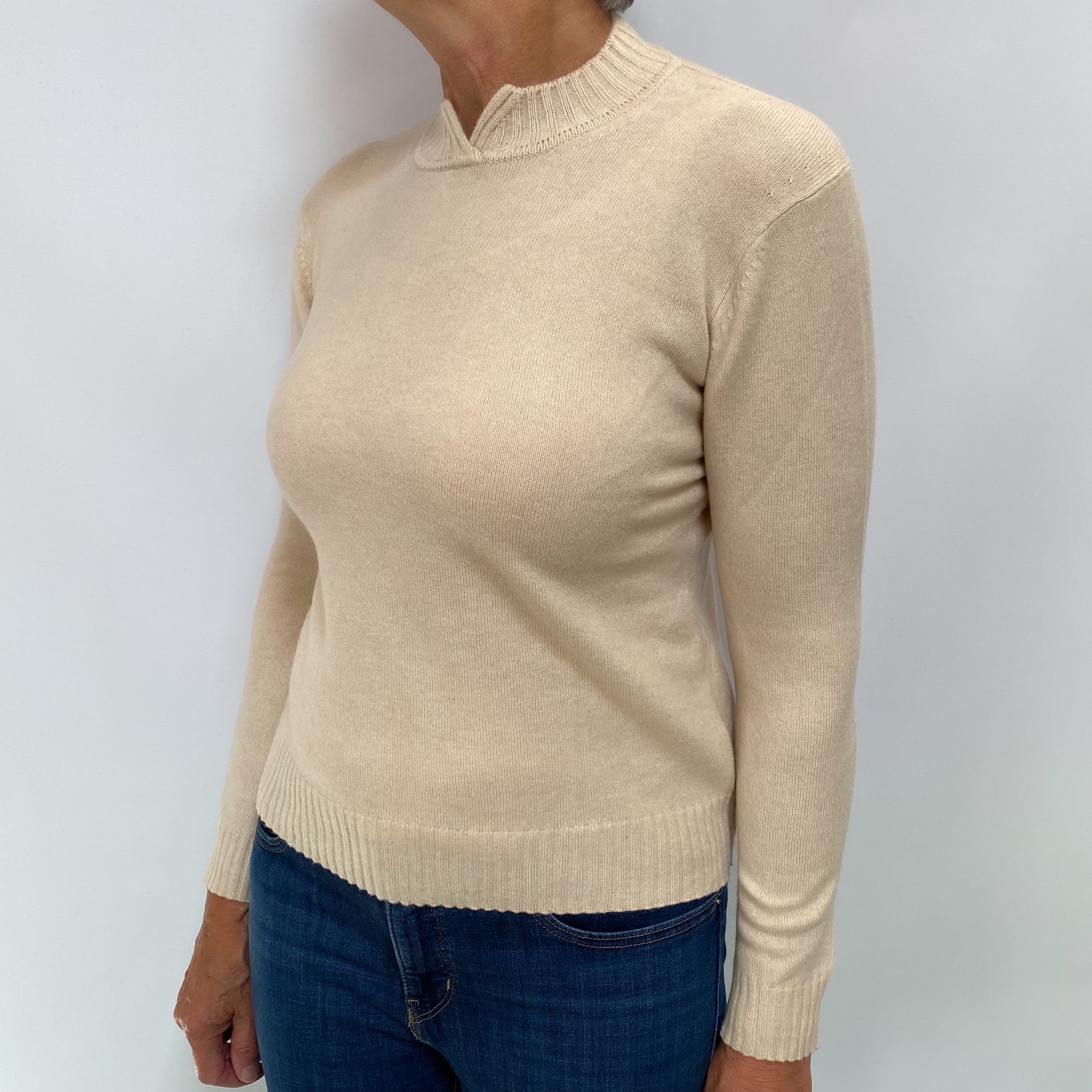 Soft Beige Cashmere Split Turtle Neck Jumper Medium