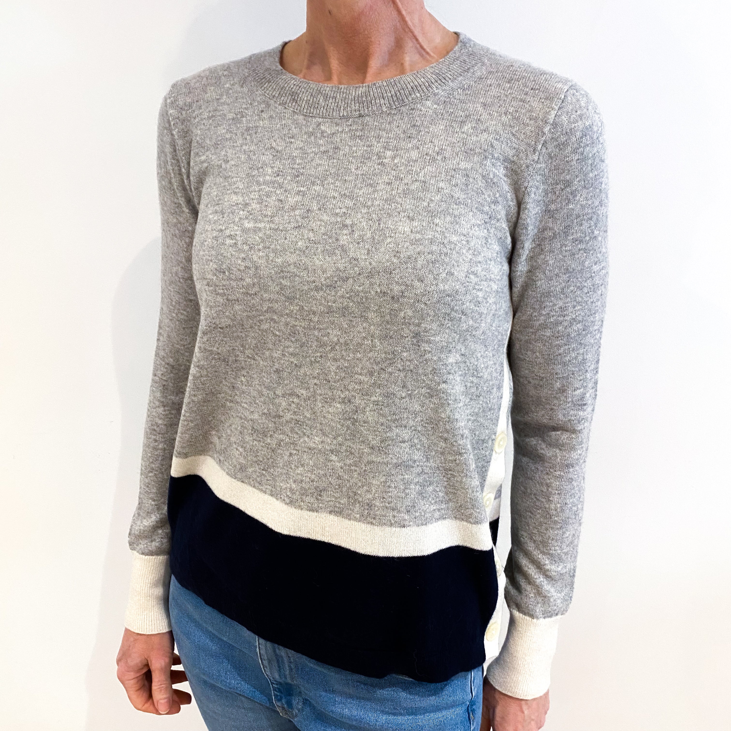 Smoke Grey Colour Block Cashmere Crew Neck Jumper Small