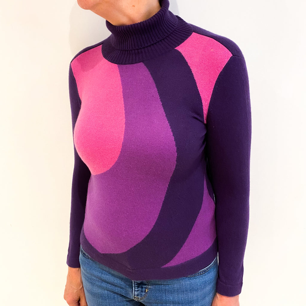 Iris Purple Abstract Colour Block Cashmere Polo Neck Jumper Medium
