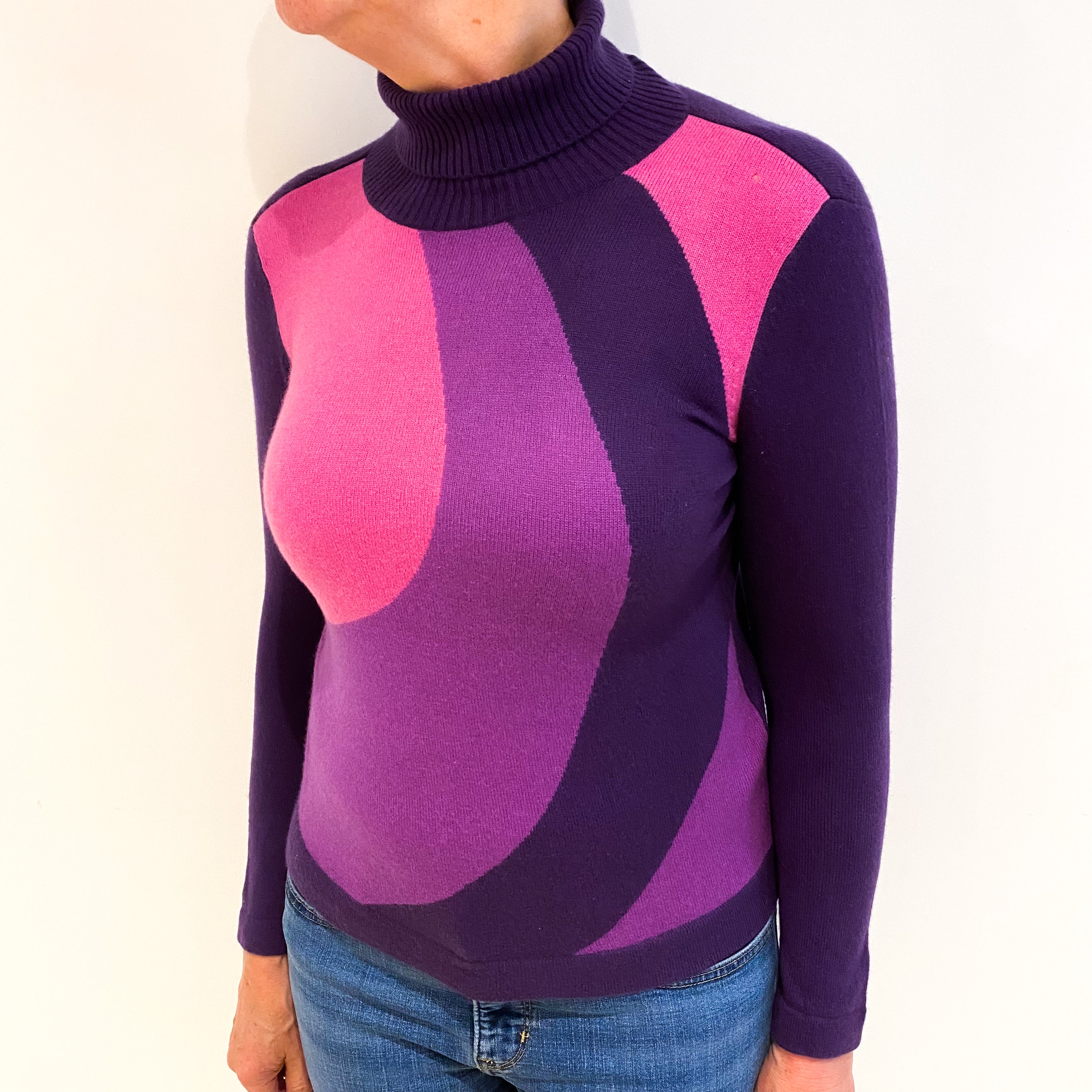 Iris Purple Abstract Colour Block Cashmere Polo Neck Jumper Medium