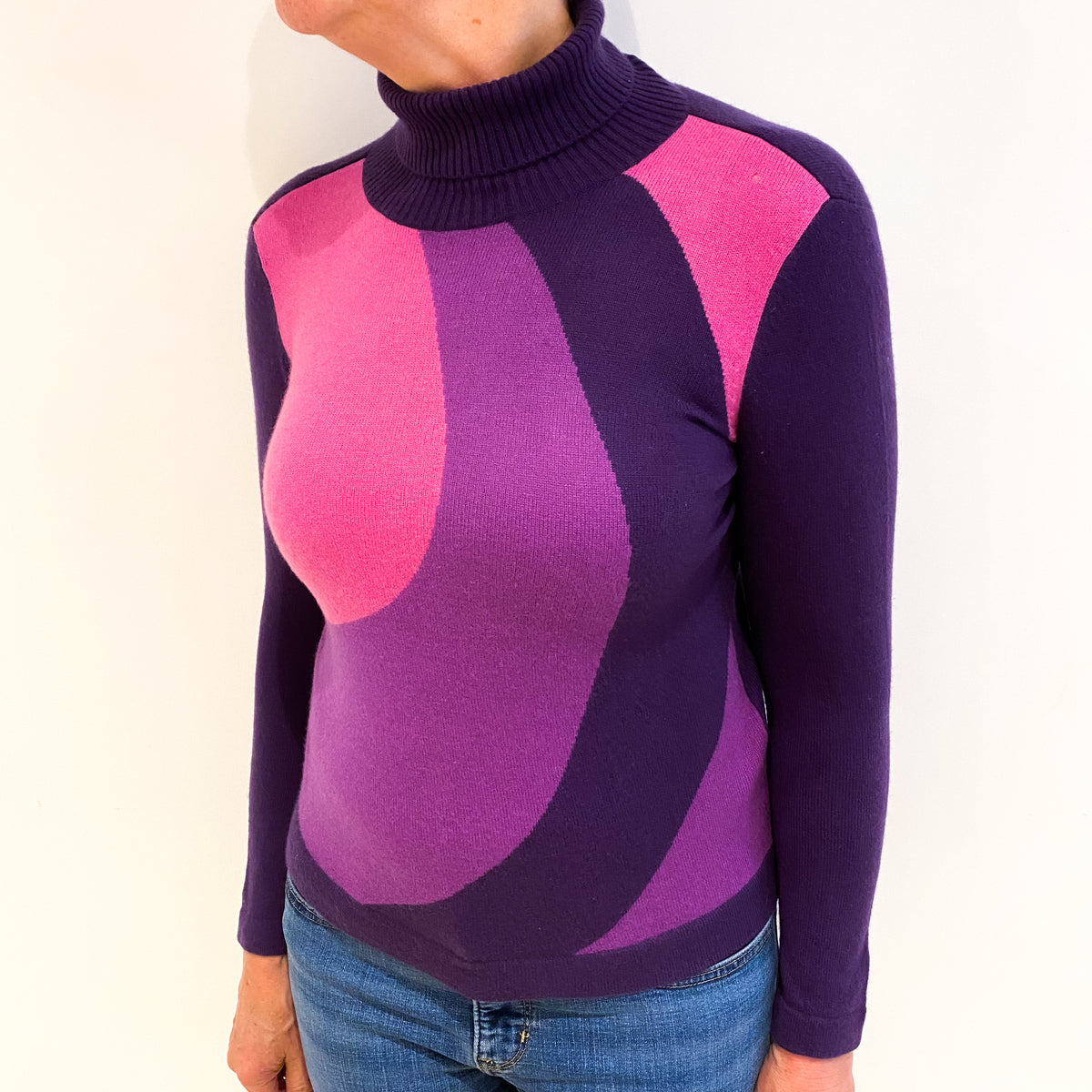 Iris Purple Abstract Colour Block Cashmere Polo Neck Jumper Medium