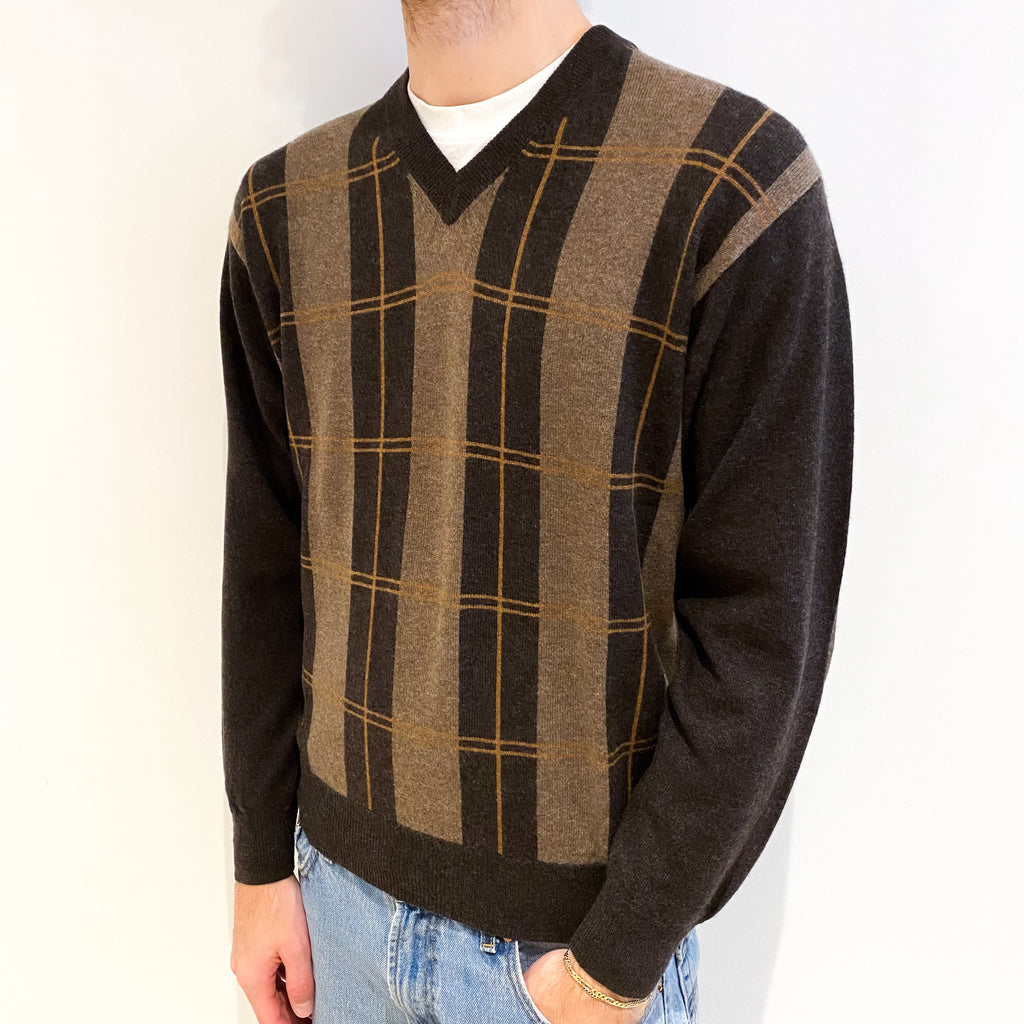 Men's Peppercorn Brown Checked Cashmere V Neck Jumper Large