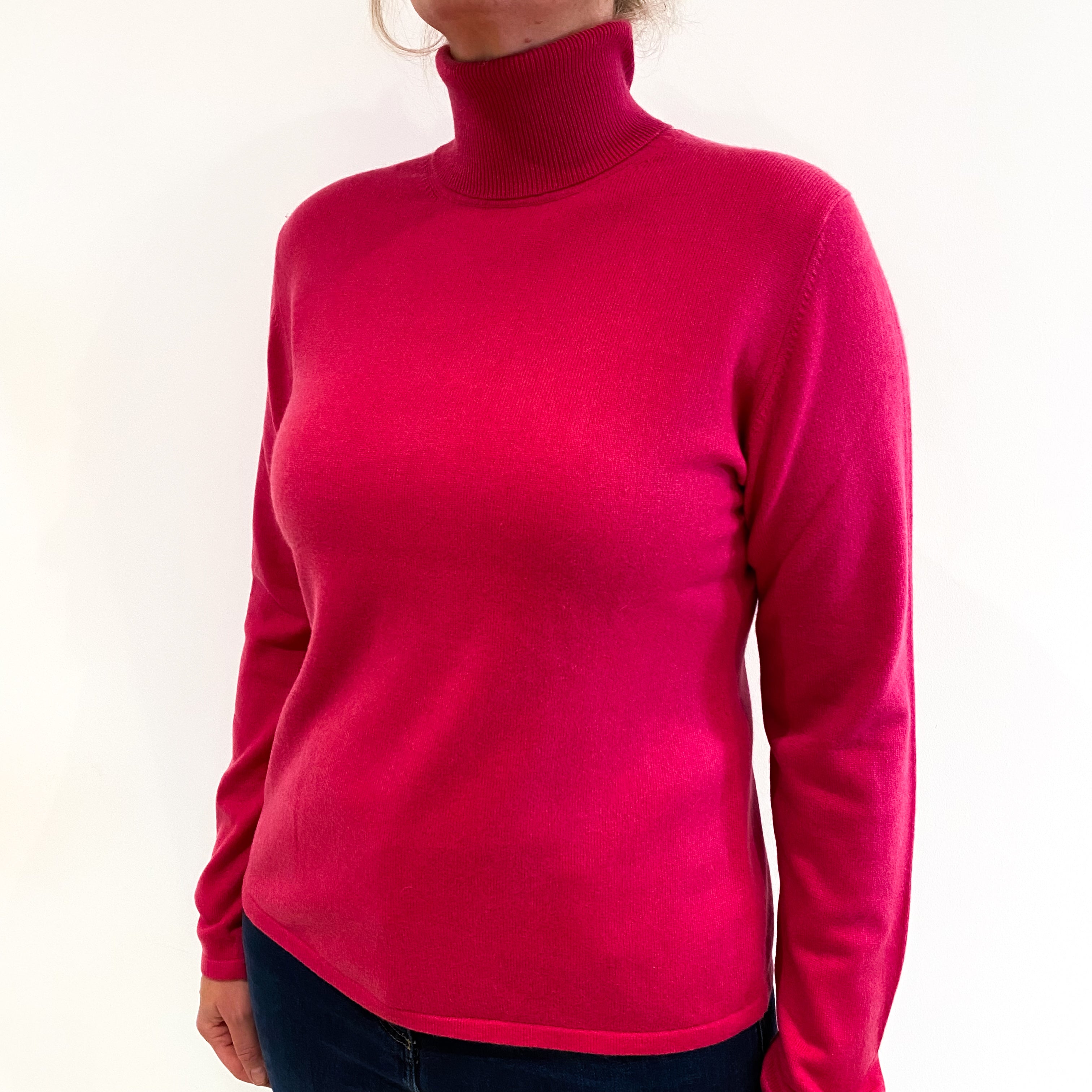 Fuchsia Pink Cashmere Polo Neck Jumper Large