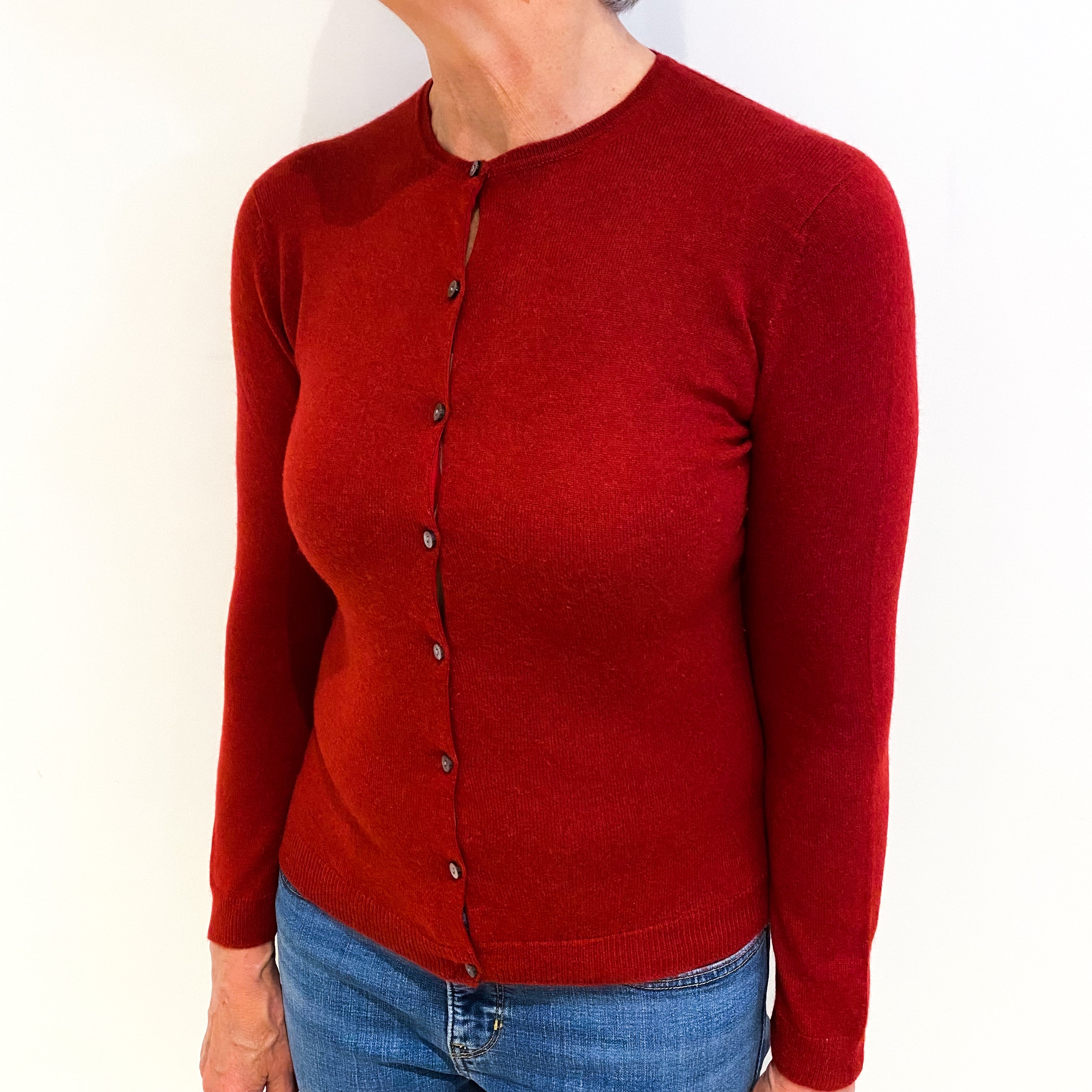 Italian Crimson Red Cashmere Crew Neck Cardigan Medium