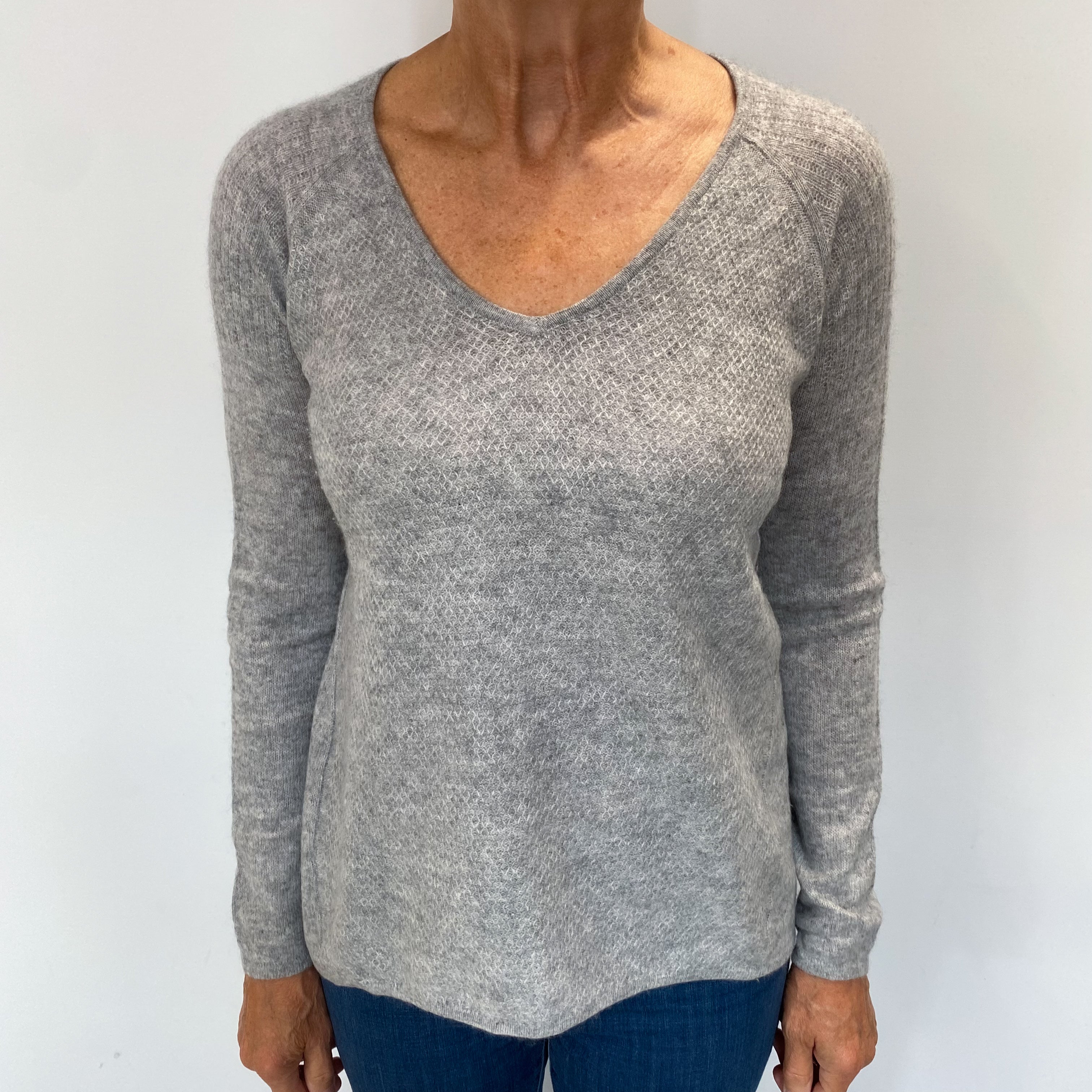 Mist Grey Textured Cashmere V Neck Jumper Medium
