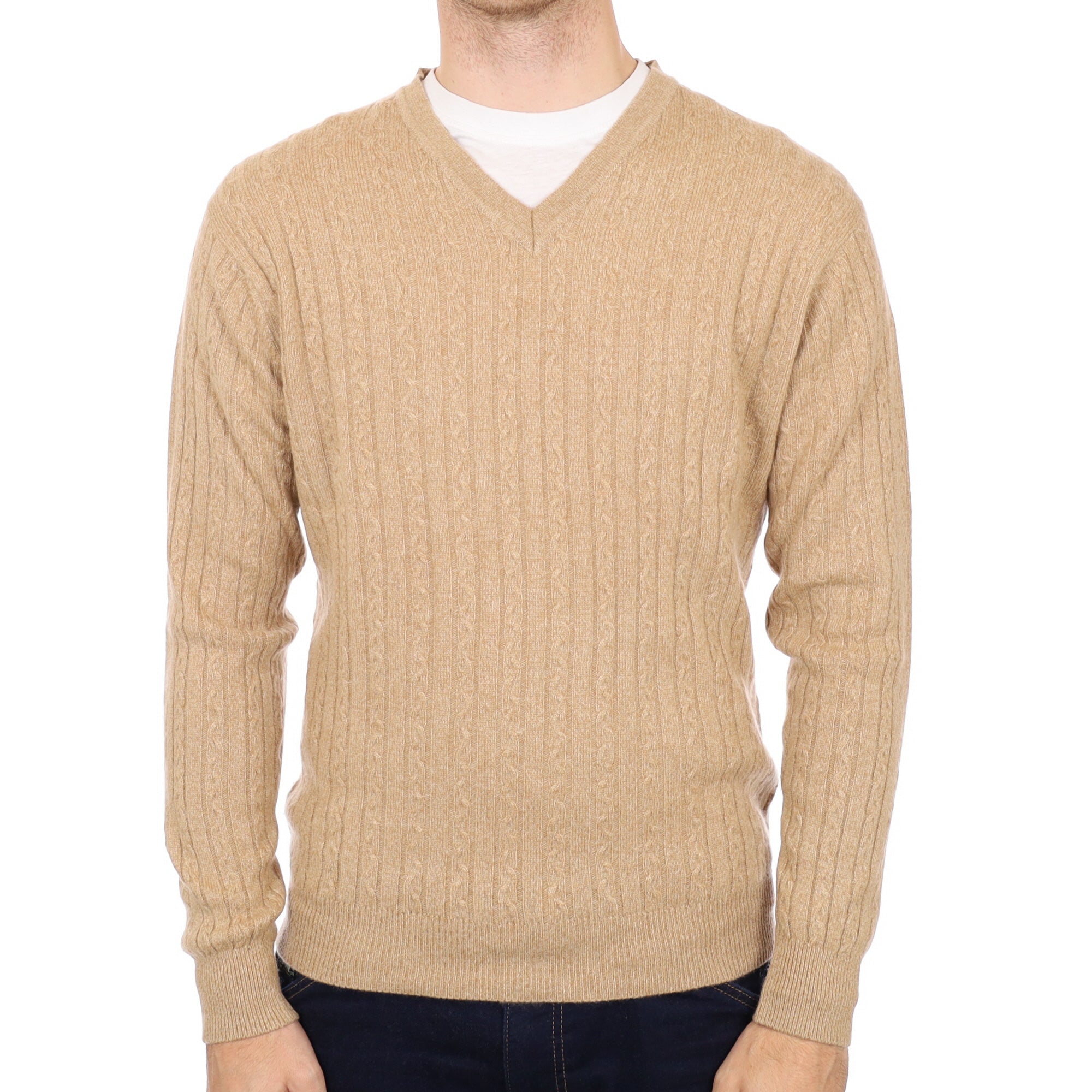 Men's Caramel Brown Cashmere V Neck Cable Knit Jumper Medium